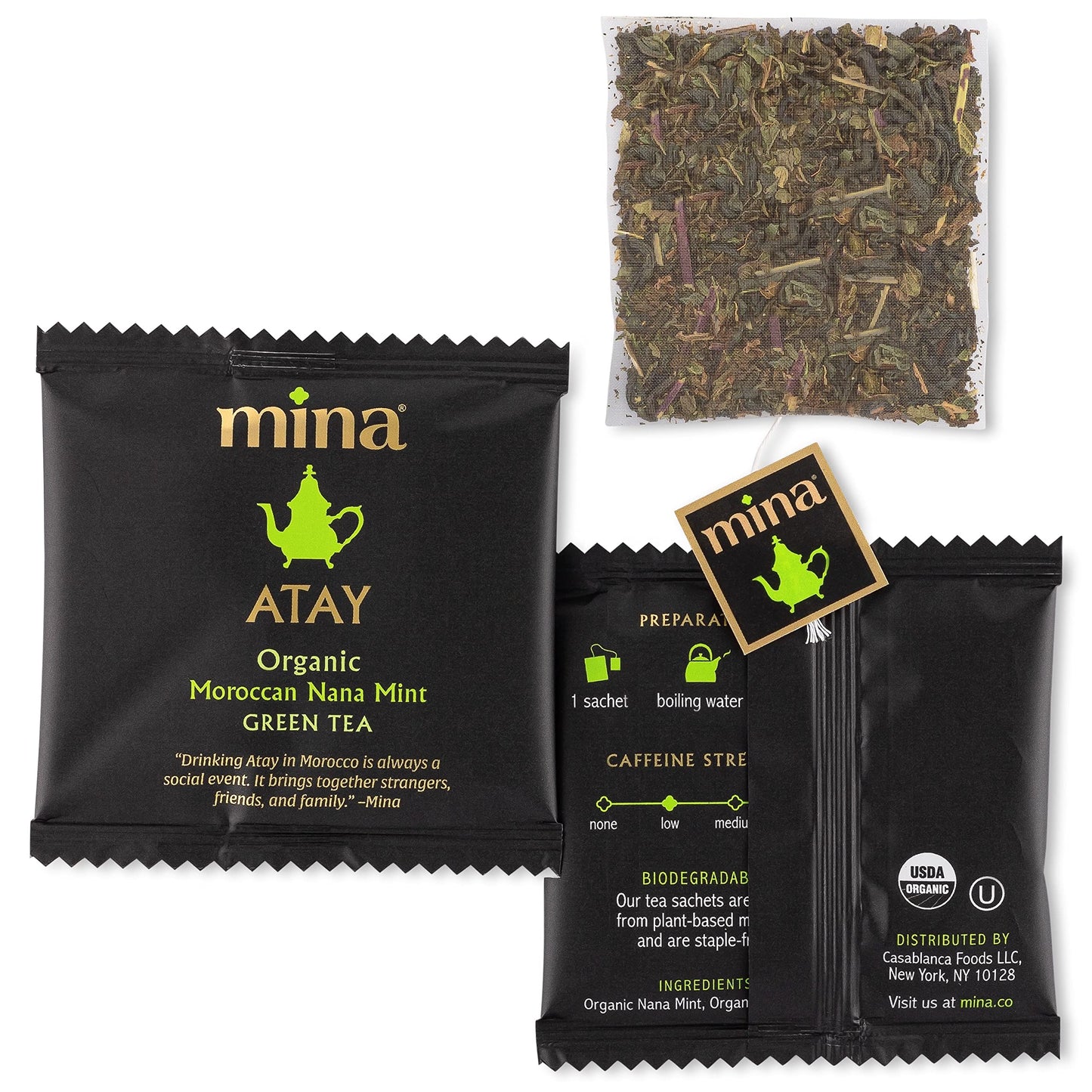 Mina Atay Moroccan Nana Mint Organic Green Tea, 15 Biodegradable Sachets - Refreshing Moroccan Mint Green Tea Bags, Moroccan Mint Tea Bags, Low in