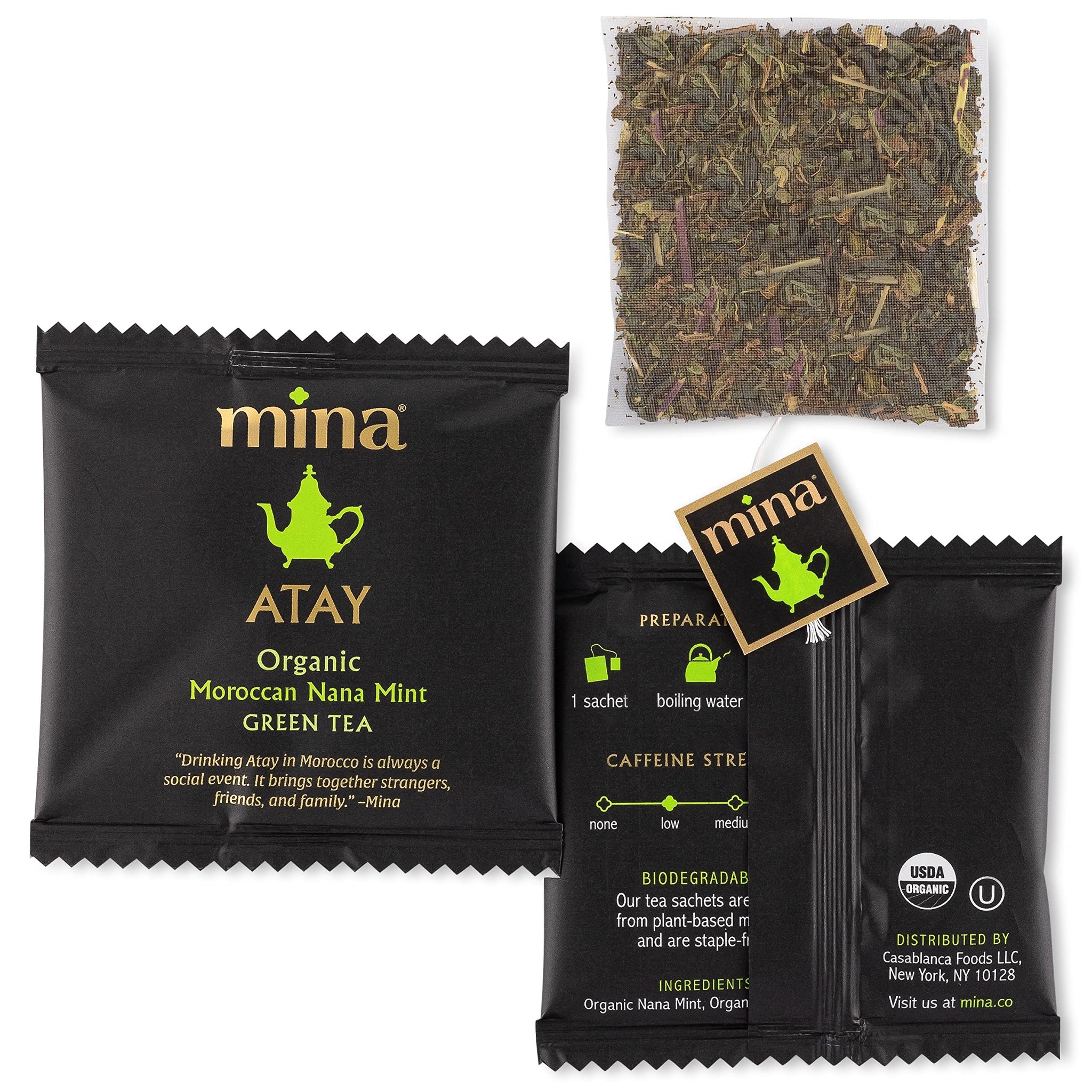 Mina Atay Moroccan Nana Mint Organic Green Tea, 15 Biodegradable Sachets - Refreshing Moroccan Mint Green Tea Bags, Moroccan Mint Tea Bags, Low in