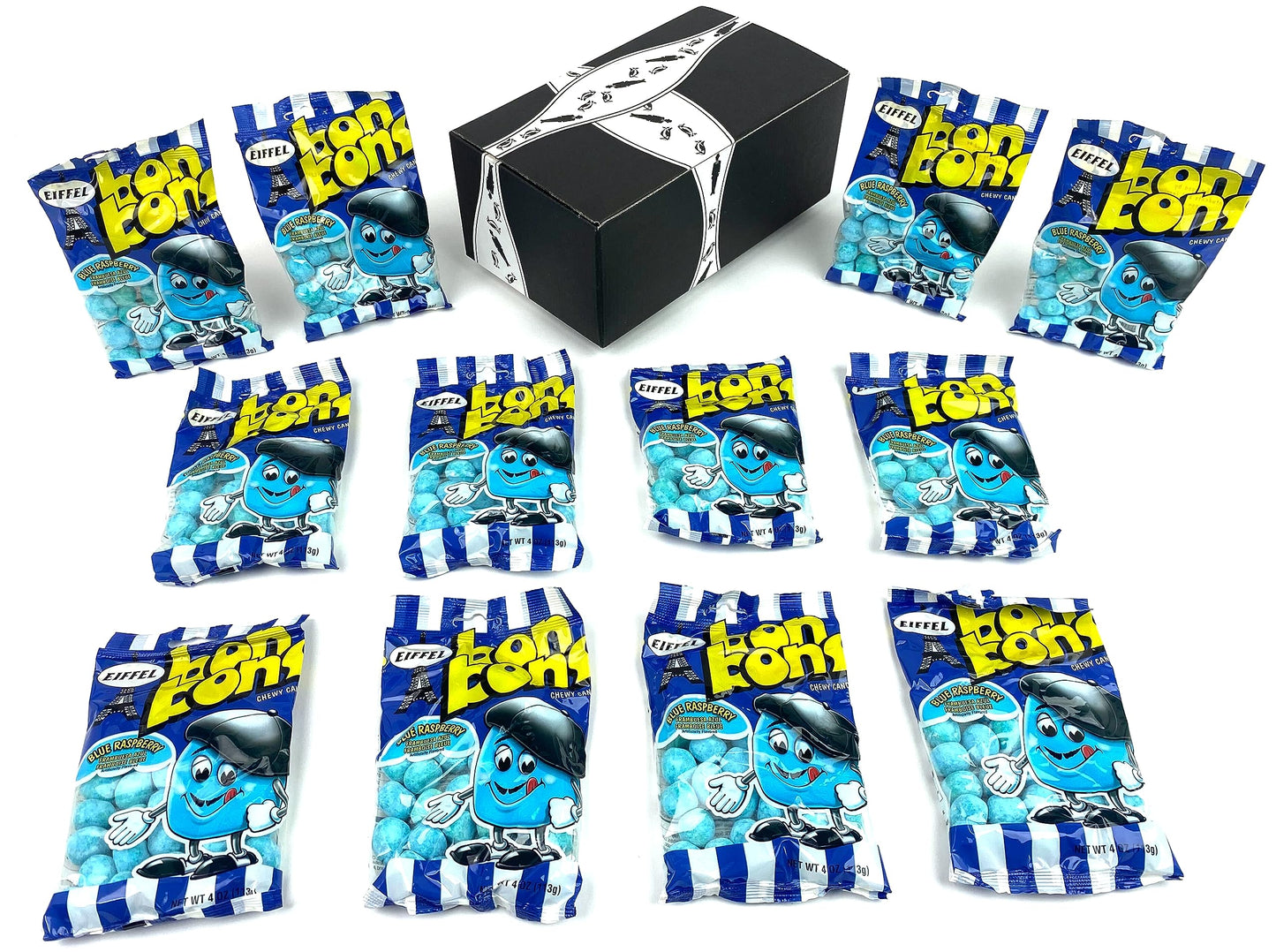Eiffel Blue Raspberry Bon Bons Chewy Candy, 4 oz Bags in a BlackTie Box (Pack of 12)