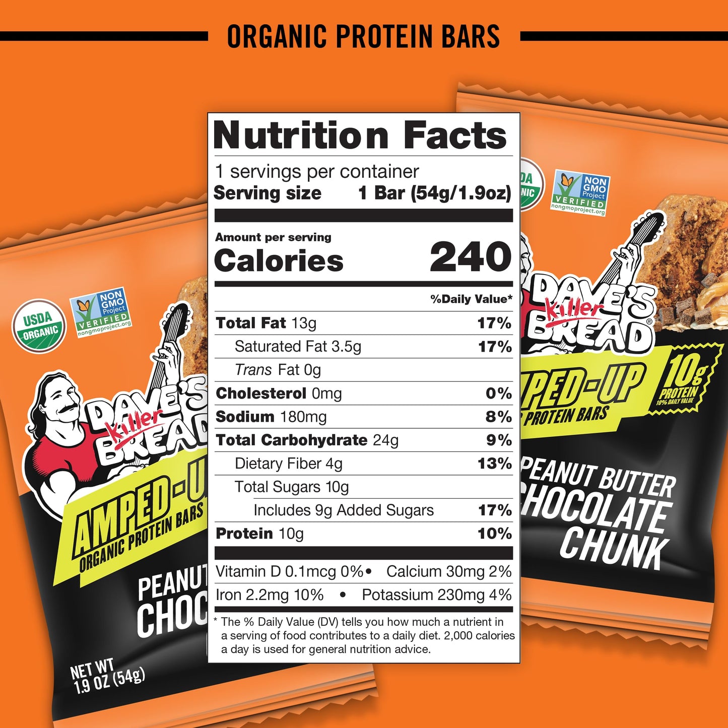 Dave'S Killer Bread Bars, Amped-Up Peanut Butter Organic Chocolate Chunk Protein Bar, 1 Ounce