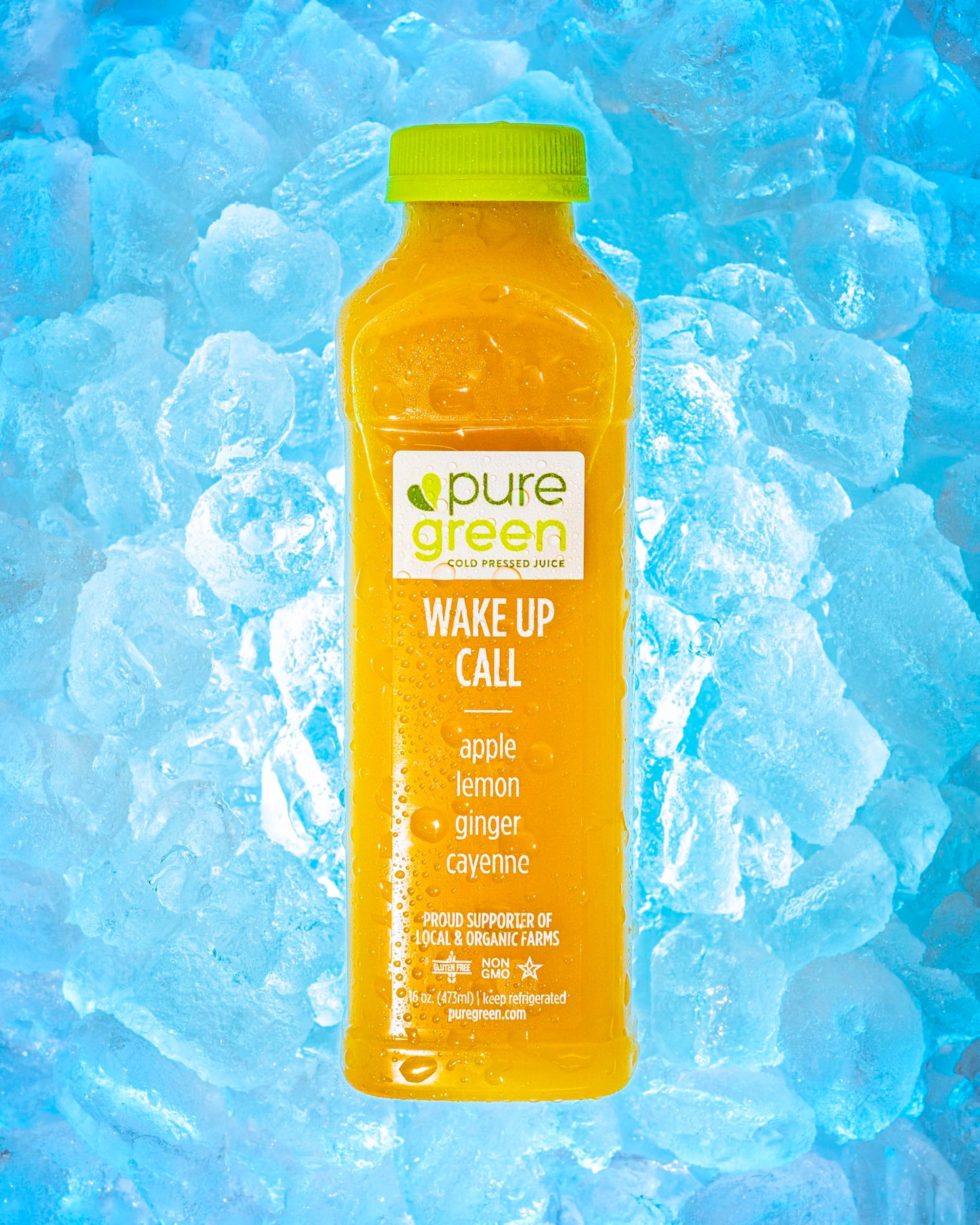 Pure Green Cold Pressed Juice - Wake Up Call - Fresh Functional Blend with Apple, Ginger, Lemon, Cayenne - Natural, Gluten Free, Non-GMO, No