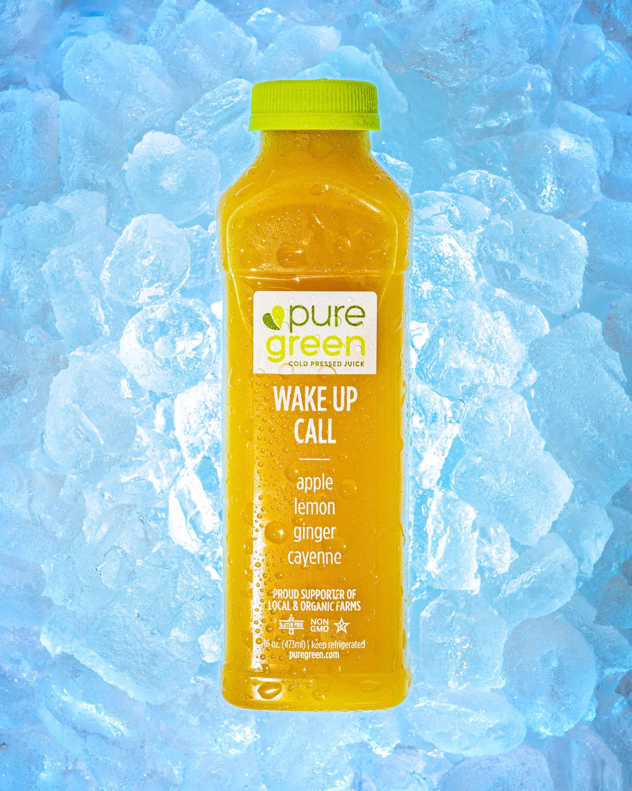Pure Green Cold Pressed Juice - Wake Up Call - Fresh Functional Blend with Apple, Ginger, Lemon, Cayenne - Natural, Gluten Free, Non-GMO, No