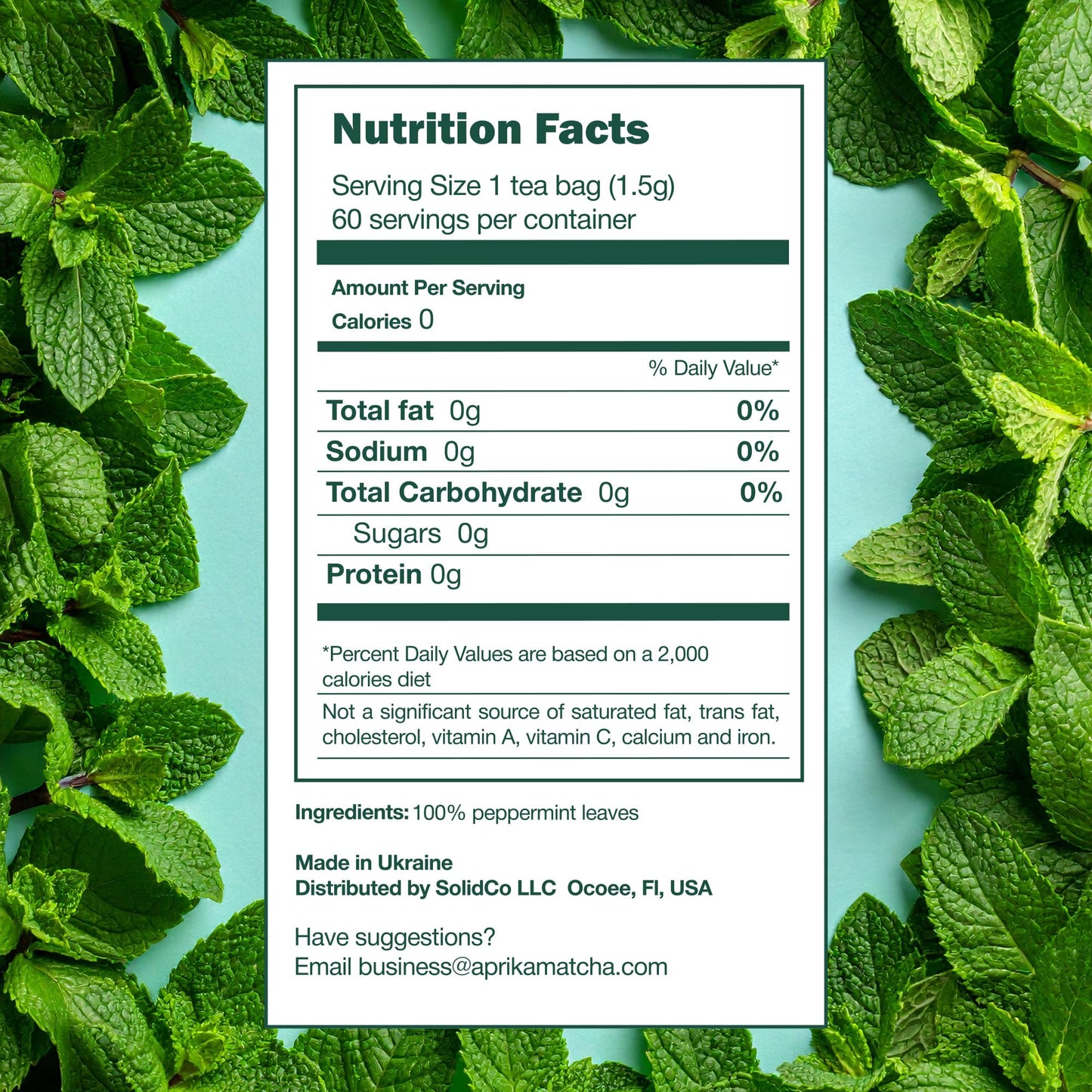 100% Pure Peppermint Tea - Only Mint Leaves without Stems, Peppermint Tea Bags, Caffeine-Free Tea Bags, 60 count, by Aprika Life