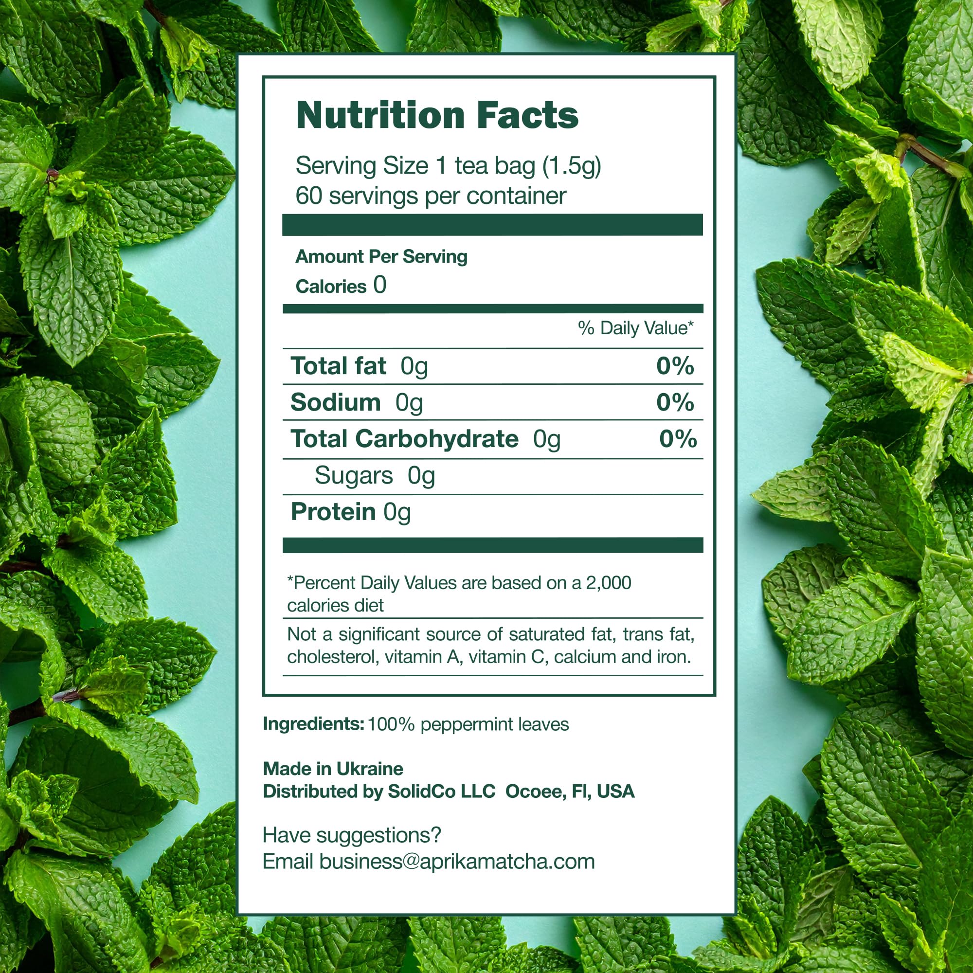 100% Pure Peppermint Tea - Only Mint Leaves without Stems, Peppermint Tea Bags, Caffeine-Free Tea Bags, 60 count, by Aprika Life
