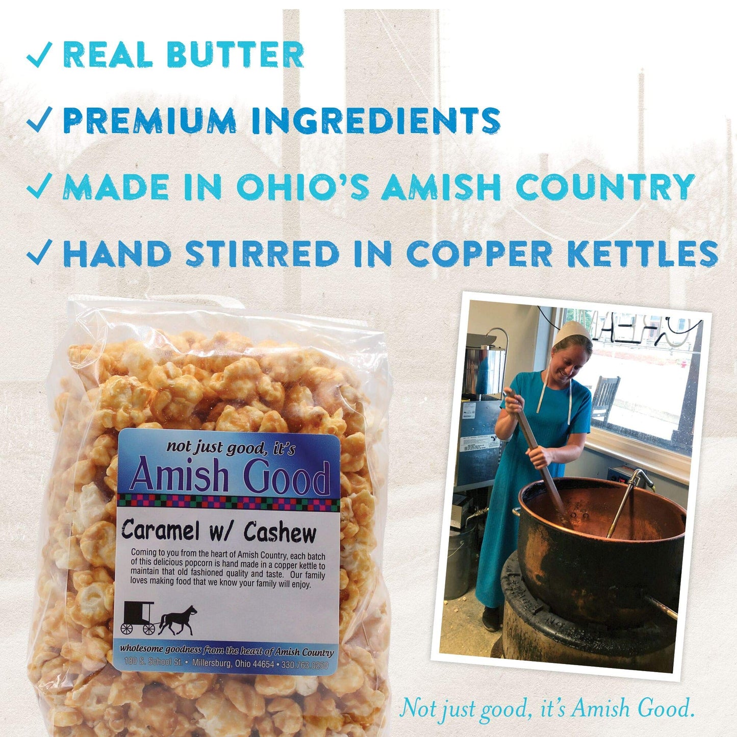 Amish Good Premium Caramel Popcorn with Cashews Real Butter and Coconut Oil in 12 oz Bag