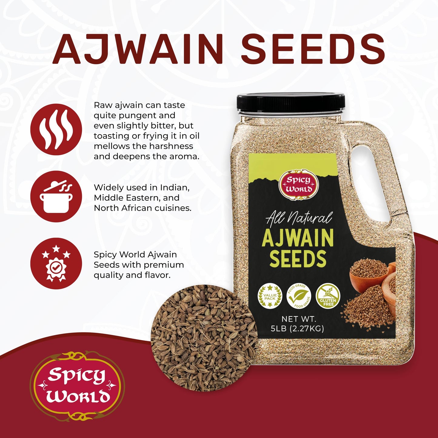Spicy World Ajwain Seeds 5 LB Bulk Jar - Carom Seeds, Bishops, 100% Natural, Premium Quality - Great for Tea, Breads, Spice Rubs, Digestion and More