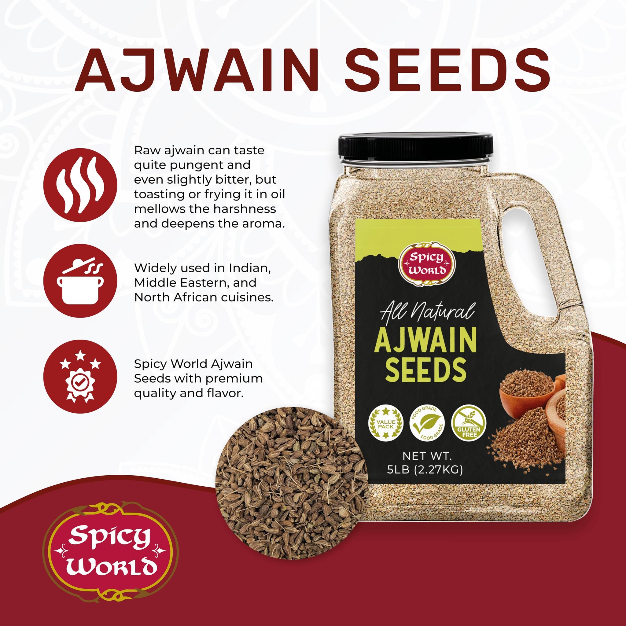 Spicy World Ajwain Seeds 5 LB Bulk Jar - Carom Seeds, Bishops, 100% Natural, Premium Quality - Great for Tea, Breads, Spice Rubs, Digestion and More