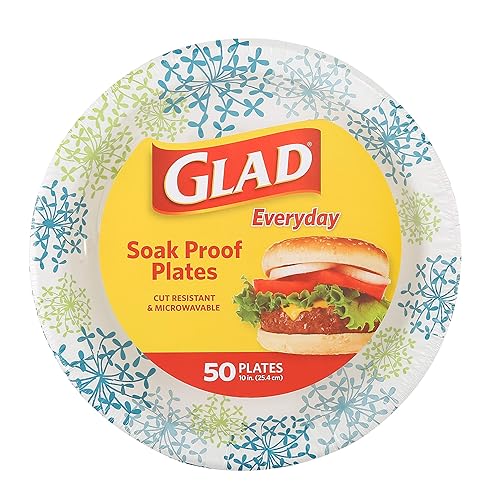 Glad Everyday Round Paper Plates, Blue Hydrangea Print Disposable Dinner Plates for Meals and Parties, Soak Proof and Cut Resistant, Microwave Safe