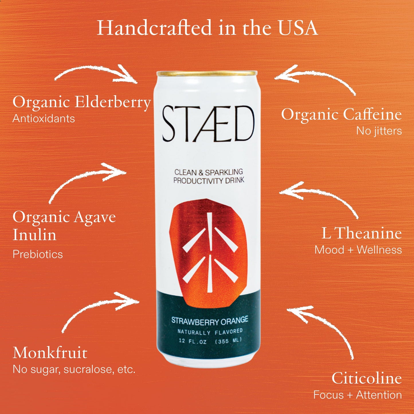 STAED Organic Energy Drinks, Clean Natural Productivity Drink with Cognizin® Citicoline & L-Theanine, Sparkling Functional Beverage, Clean Caffeine