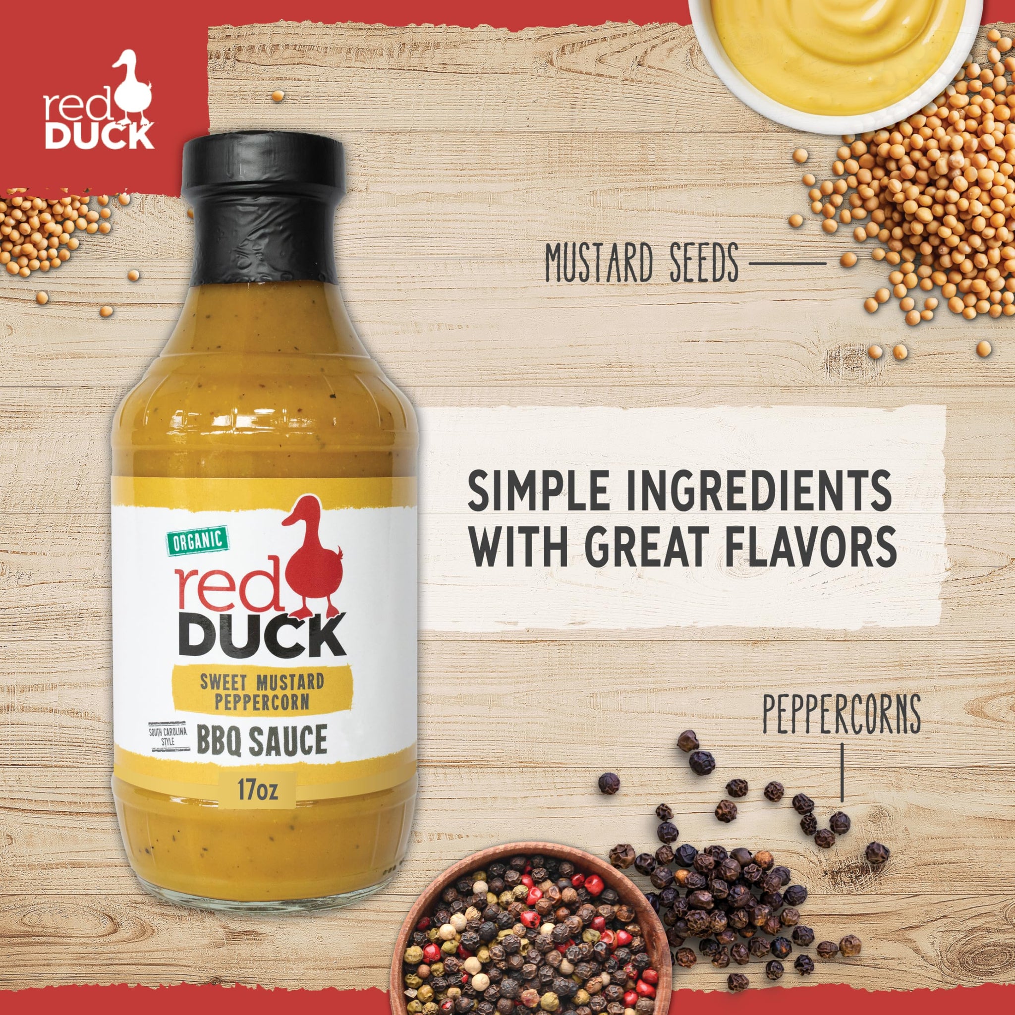 Red Duck Sweet Mustard Peppercorn Organic BBQ Sauce, mustard bbq sauce, 17 ounces