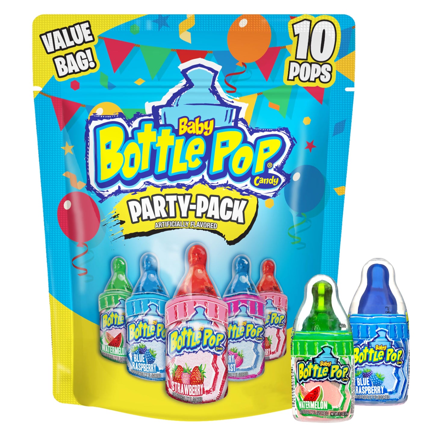 Baby Bottle Pop Candy Lollipops Variety Pack - 10 Ct Individually Wrapped Suckers with Powdered Dip - Assorted Bulk Candy for Kids Party Favors