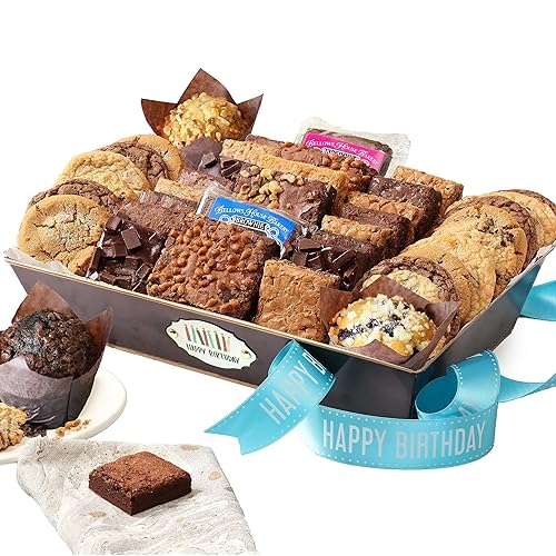Broadway Basketeers Happy Birthday Gift Basket - 44 Individually Wrapped Gourmet Brownies & Cookies Snack Assortment - Birthday Gifts for Family