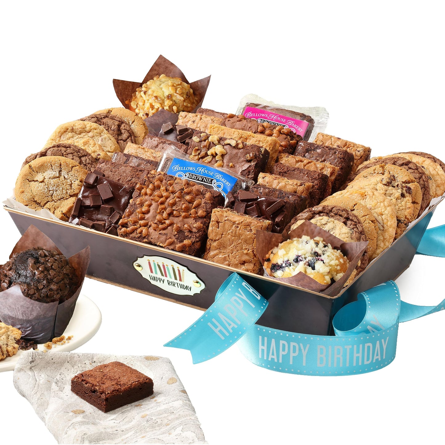 Broadway Basketeers Happy Birthday Gift Basket - 44 Individually Wrapped Gourmet Brownies & Cookies Snack Assortment - Birthday Gifts for Family