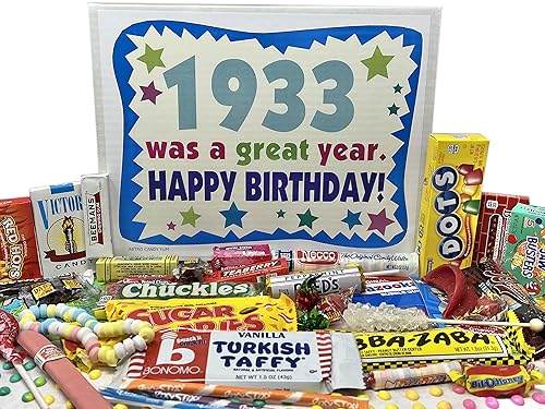 RETRO CANDY YUM ~ 1933 93rd Birthday Gift Box Classic Nostalgic Candy from Childhood for 93 Year Old Man or Woman Born 1933