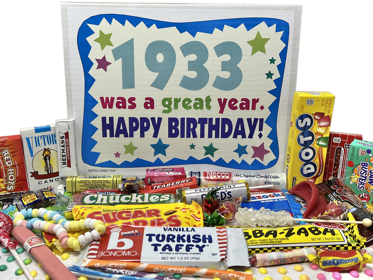 RETRO CANDY YUM ~ 1933 93rd Birthday Gift Box Classic Nostalgic Candy from Childhood for 93 Year Old Man or Woman Born 1933