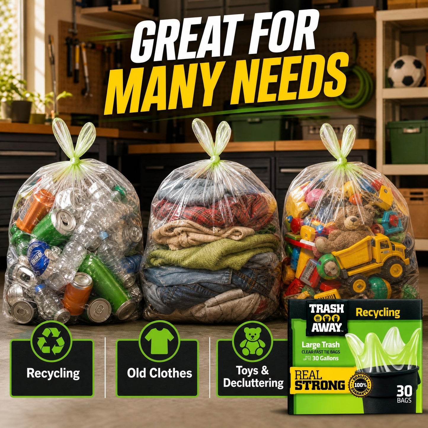 Trash Away Heavy Duty Clear Recycling Bags | Tall & Strong Bags for Home & Kitchen - (30 Ct, 30 Gallons) Large Trash Bags Paper, Plastic & Aluminum |