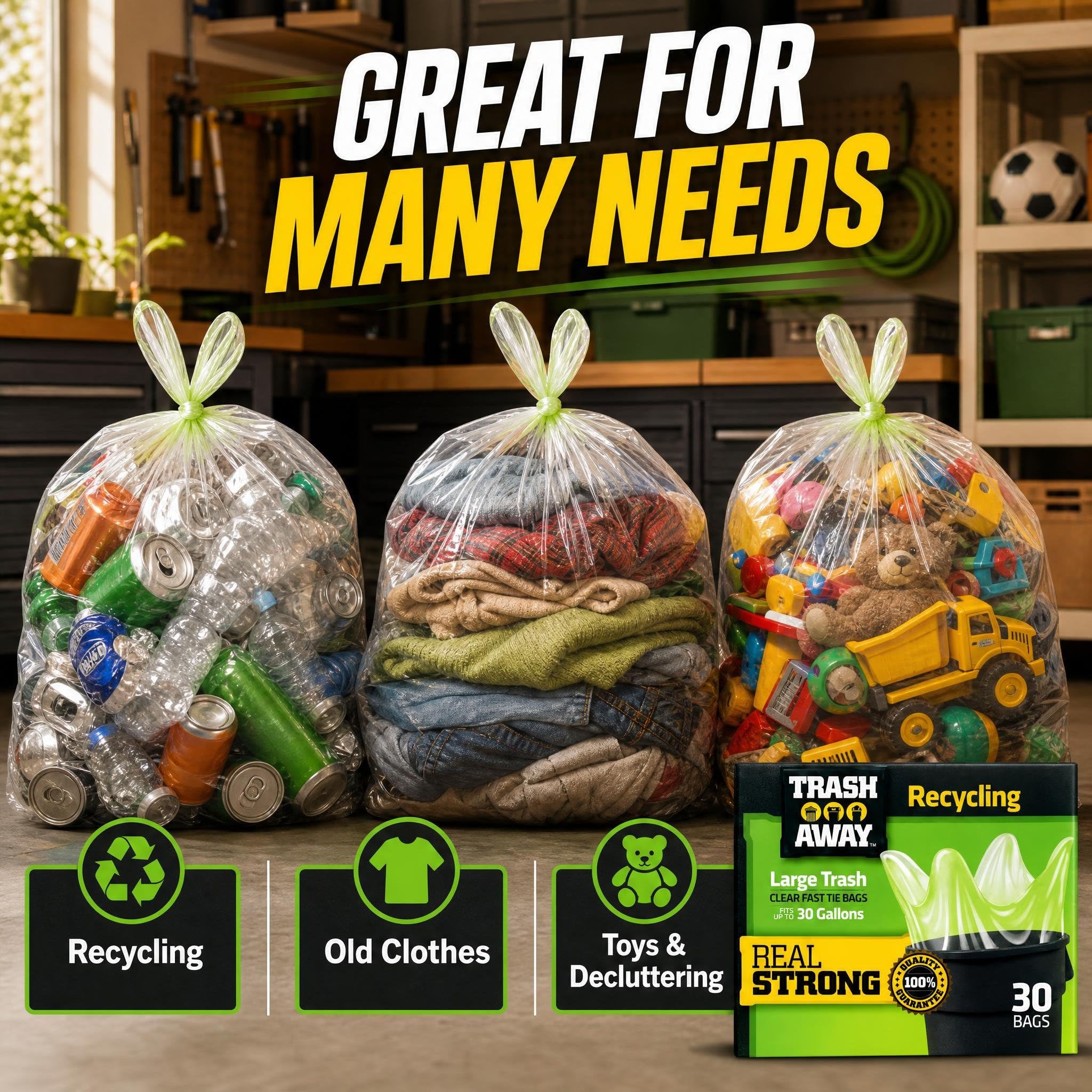 Trash Away Heavy Duty Clear Recycling Bags | Tall & Strong Bags for Home & Kitchen - (30 Ct, 30 Gallons) Large Trash Bags Paper, Plastic & Aluminum |