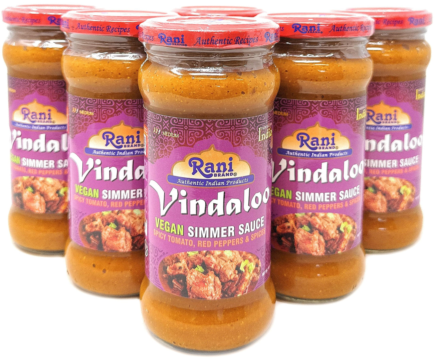 Rani Vindaloo Curry Vegan Simmer Sauce (Spicy Tomato, Red Peppers & Spices) 14oz (400g) Glass Jar, Pack of 5 +1 FREE ~ Easy to Use | Vegan | No Colors