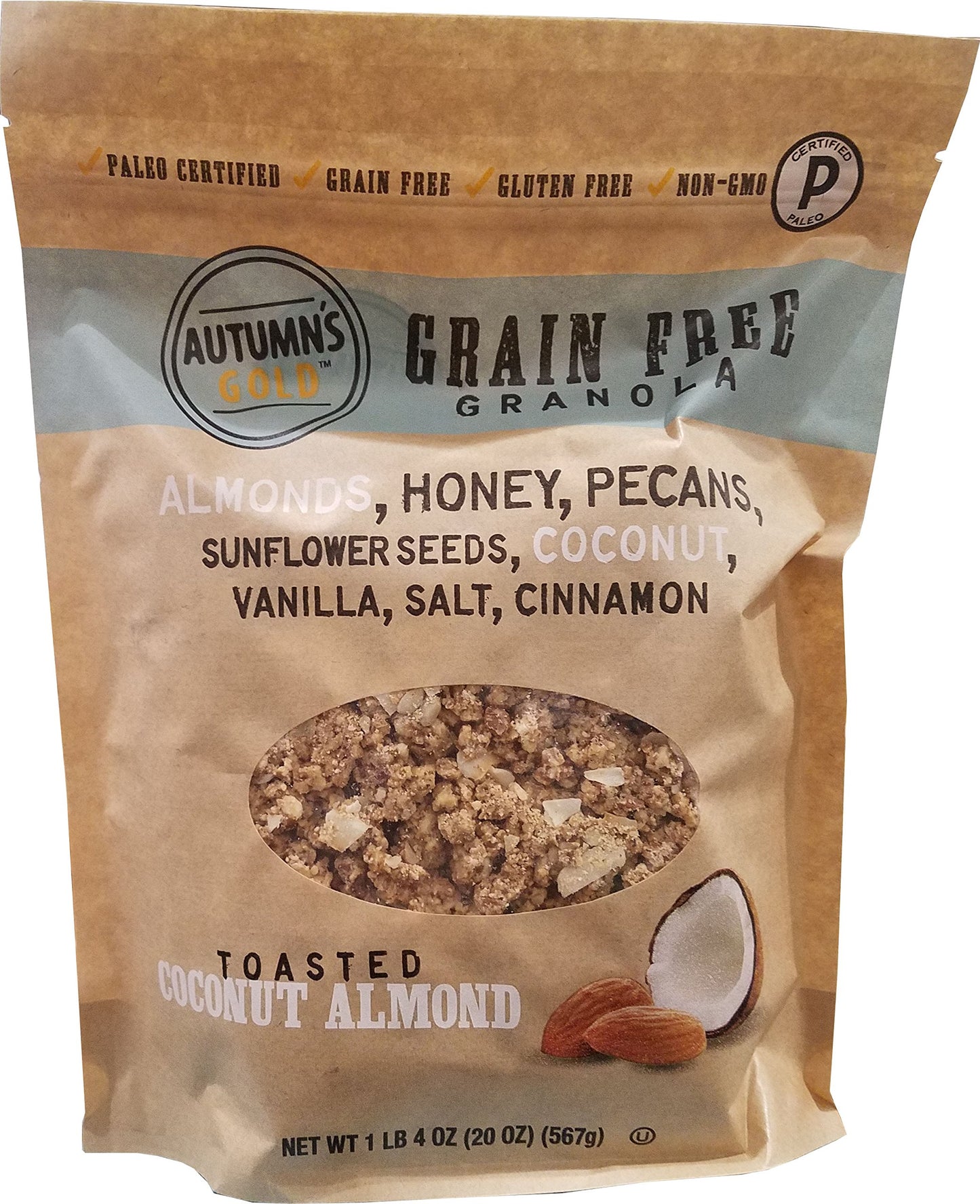 Autumn's Gold Grain Free Toasted Coconut Almond Granola 1.25LB 20 oz,Honey,Pecans,sunflower seeds,vinilla