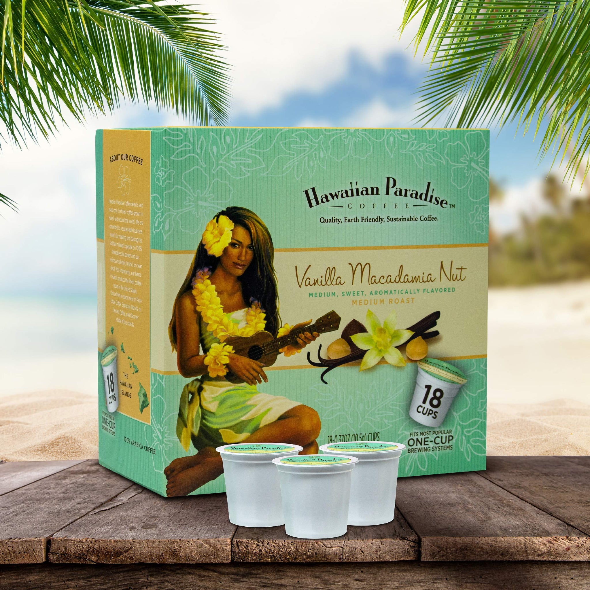 Hawaiian Paradise Coffee Vanilla Macadamia Nut Single Serve Cups 18 Count Medium Roast Sweet Aromatically Flavored - 100% Arabica Beans - Compatible