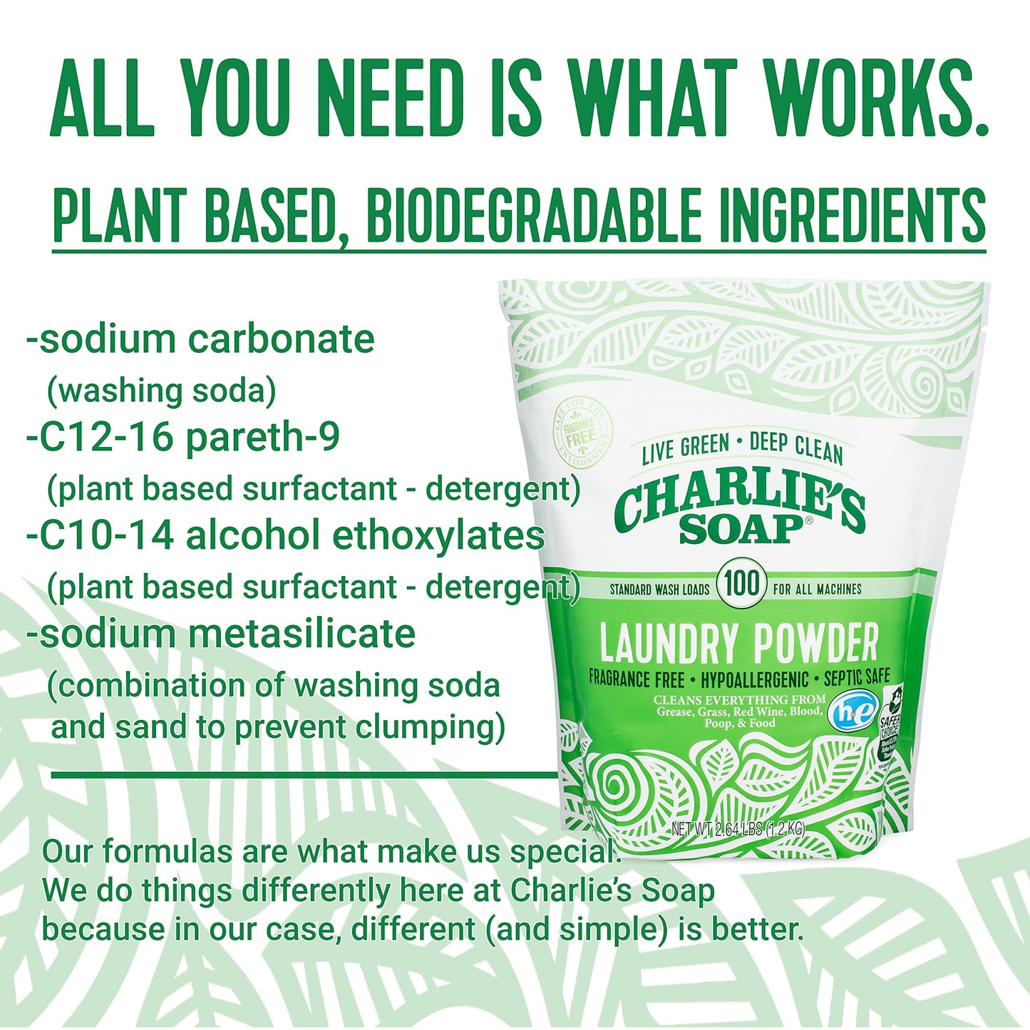 Charlie's Soap - Fragrance Free Laundry Powder - 100 Loads (Five 100-load Bags, 500 Total Loads)
