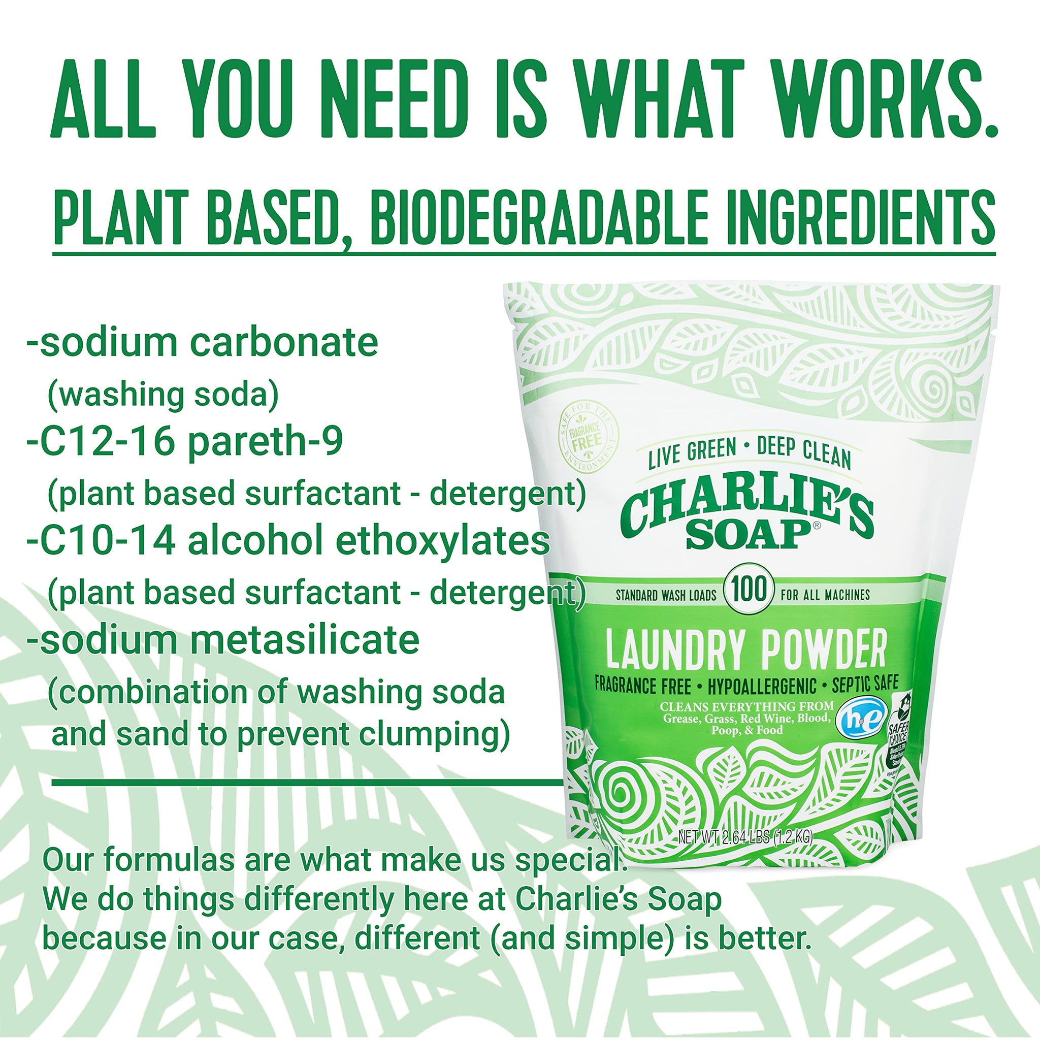 Charlie's Soap - Fragrance Free Laundry Powder - 100 Loads (Five 100-load Bags, 500 Total Loads)