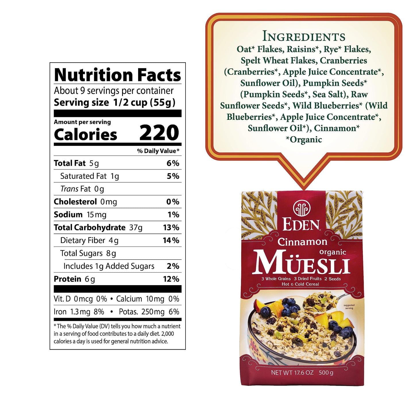 Eden Organic Cinnamon Muesli, No Added Sugars, Oat, Rye, Wheat, and Spelt Flakes, Raisins, Cranberries, Wild Blueberries, Pumpkin and Sunflower Seeds