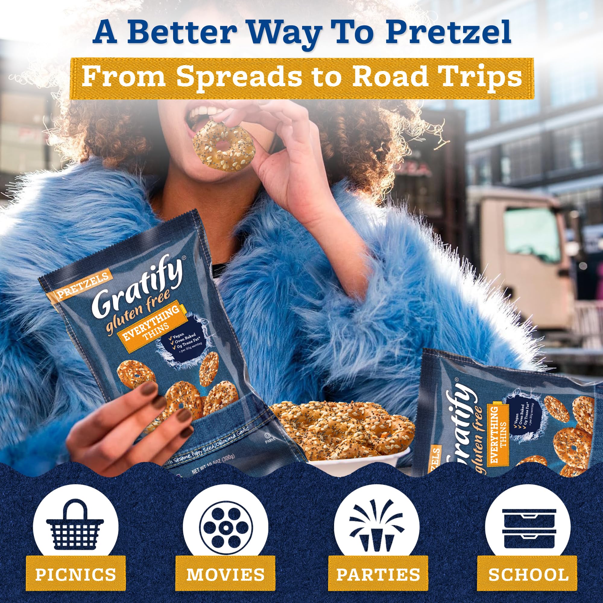 Osem Gratify Gluten Free Everything Thins - Gratify Gluten Free Pretzel Crisps, GF Party Snack Bags, Thins with Onion & Garlic Seasoning - 10.5 oz Bag