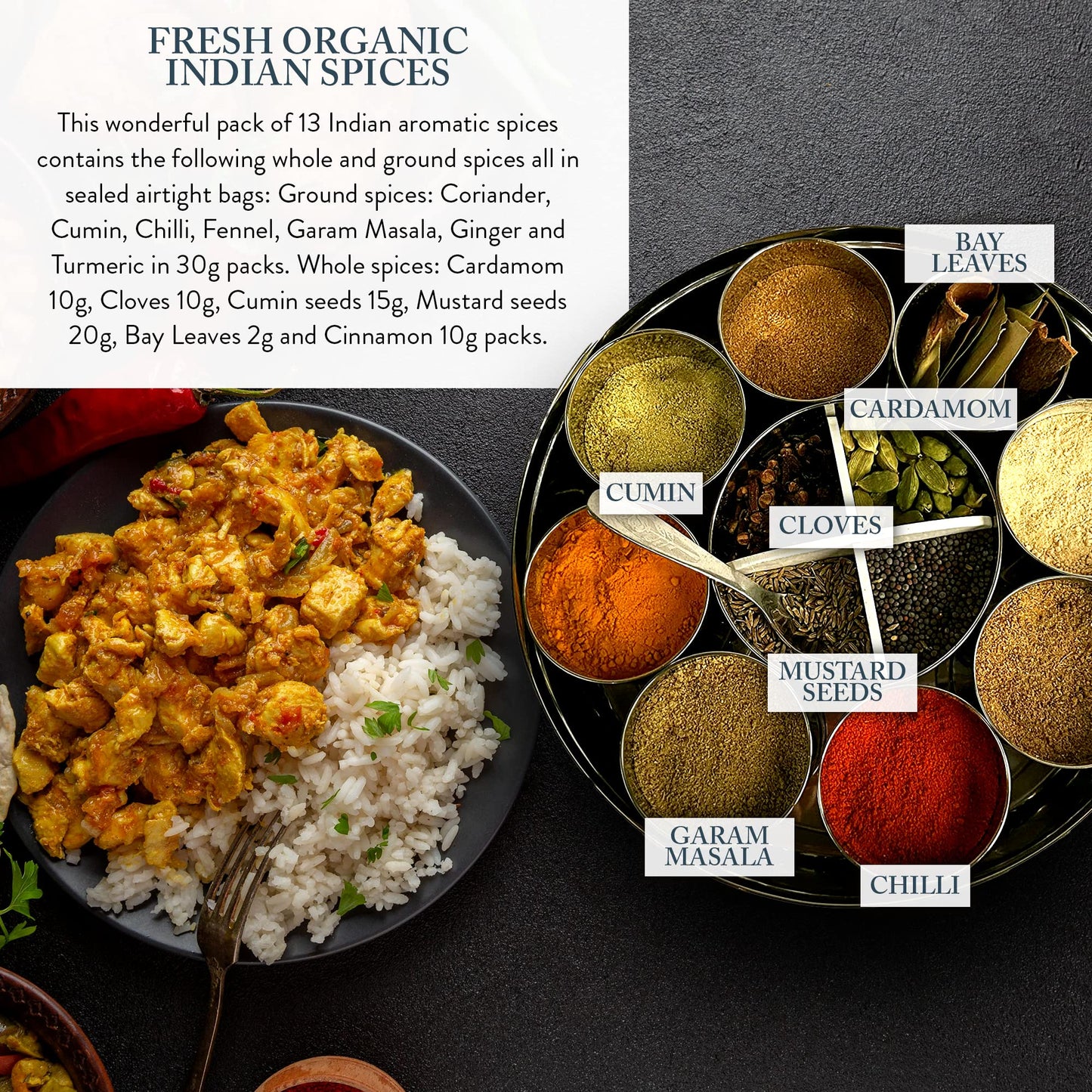 The Three Sisters Organic Indian Spices (13 Pc. Set) Natural, Authentic, and Traditional Flavors for Cookbook Recipes | Turmeric, Cumin, Cardamom