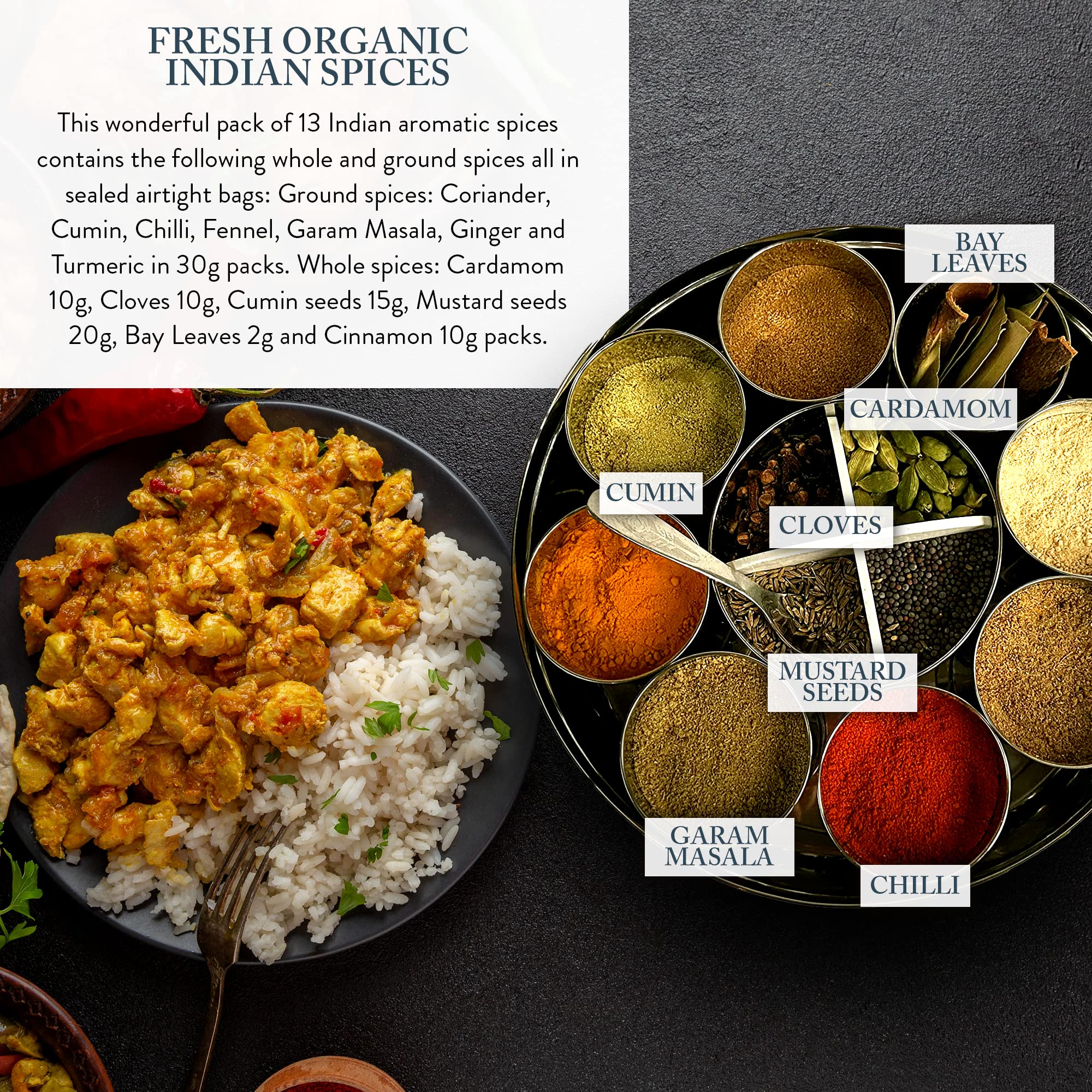 The Three Sisters Organic Indian Spices (13 Pc. Set) Natural, Authentic, and Traditional Flavors for Cookbook Recipes | Turmeric, Cumin, Cardamom
