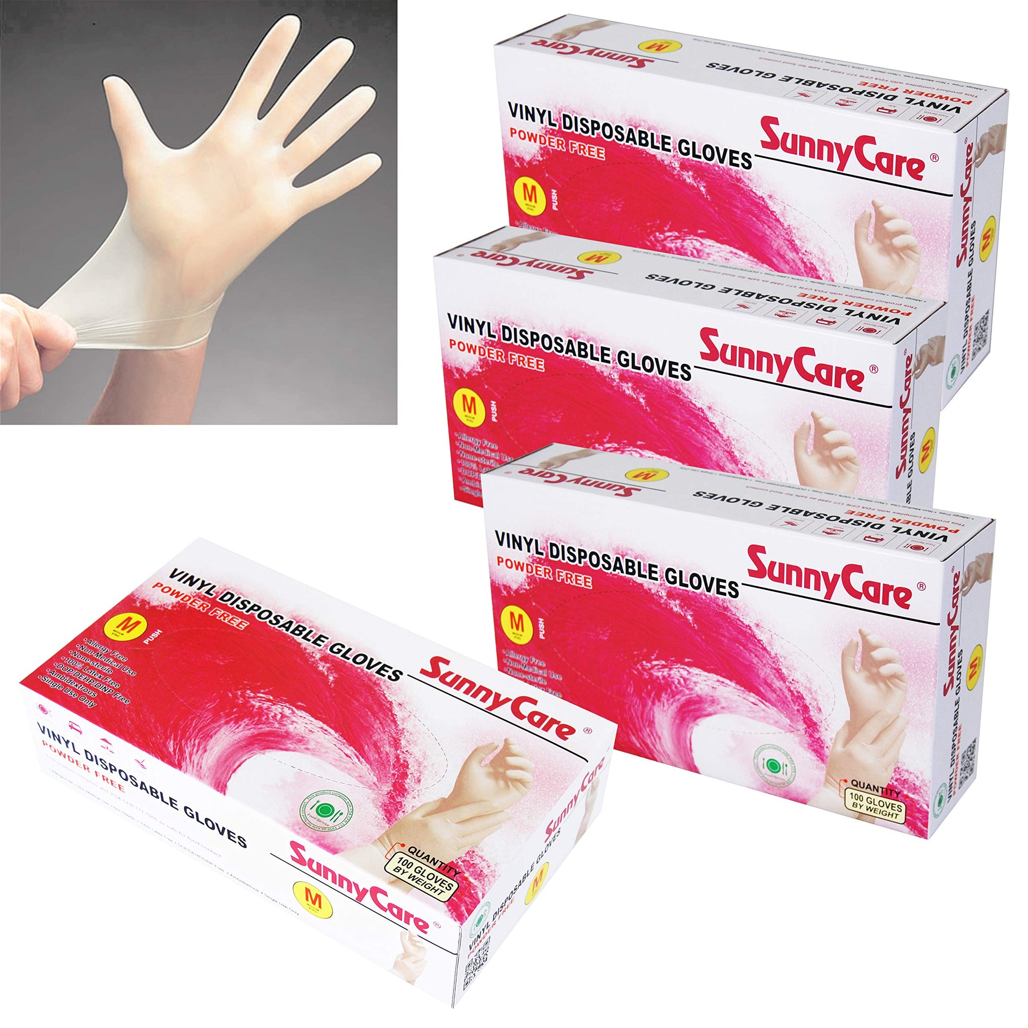 SunnyCare Vinyl Gloves Powder Free Food Service (Latex Nitrile Free) M 4 Box/400pcs
