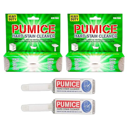 Pumice Toilet Bowl Ring Remover 4 Pack - 2 Pumice Stones with Handle and 2 Heavy Duty Pumice Scrubber Sticks, Removes Stains in Toilets Sinks, Tubs