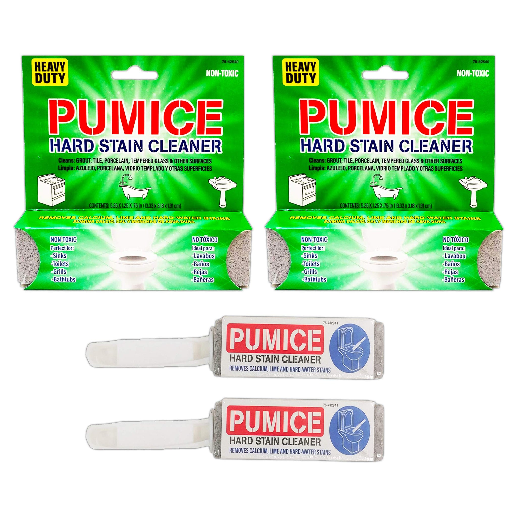 Pumice Toilet Bowl Ring Remover 4 Pack - 2 Pumice Stones with Handle and 2 Heavy Duty Pumice Scrubber Sticks, Removes Stains in Toilets Sinks, Tubs