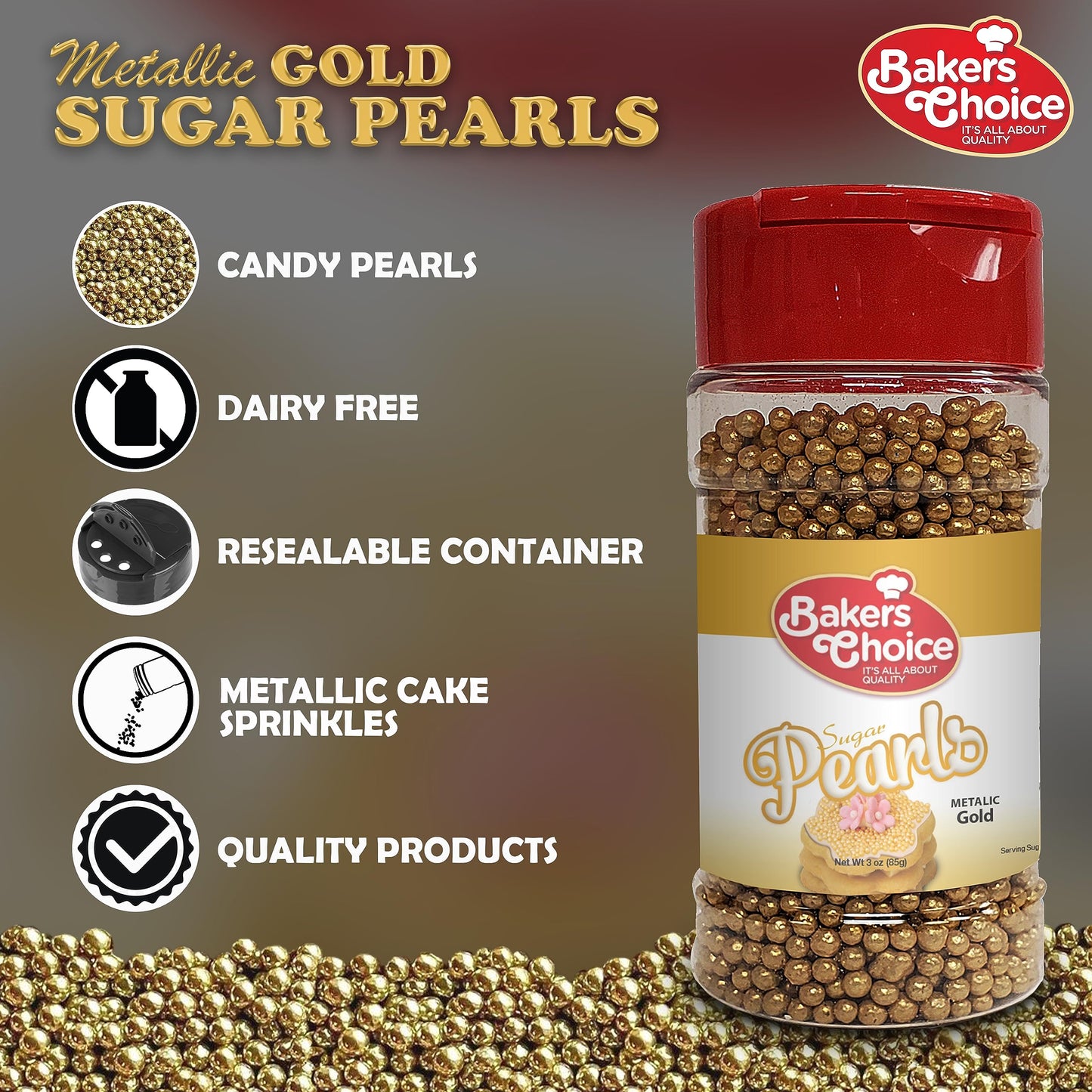 Bakers Choice Edible Pearls - Pearl Sprinkles - Metallic Gold Sugar Pearls - Dairy Free - Kosher - 3 oz.