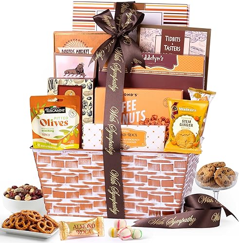 Broadway Basketeers Sympathy Gift Basket Deluxe, Condolences Gifts for Loss, Bereavement or Kosher Shiva, Food Care Package for Delivery With Snacks