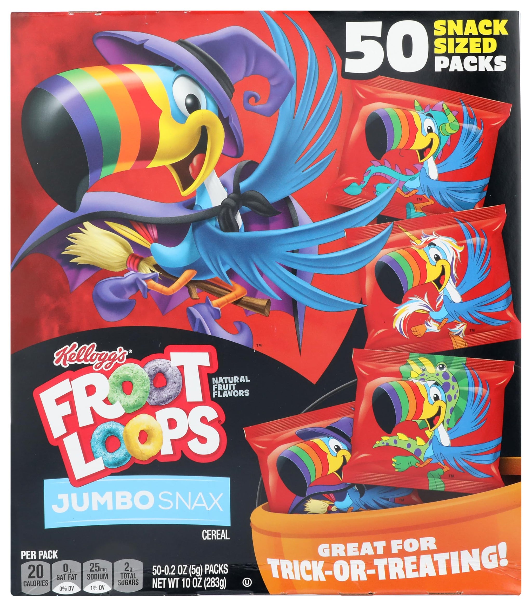 Froot Loops Jumbo Snax Cereal Snacks, Kids Halloween Snacks, Halloween Trick or Treating, Original, 10oz Box (50 Pouches)
