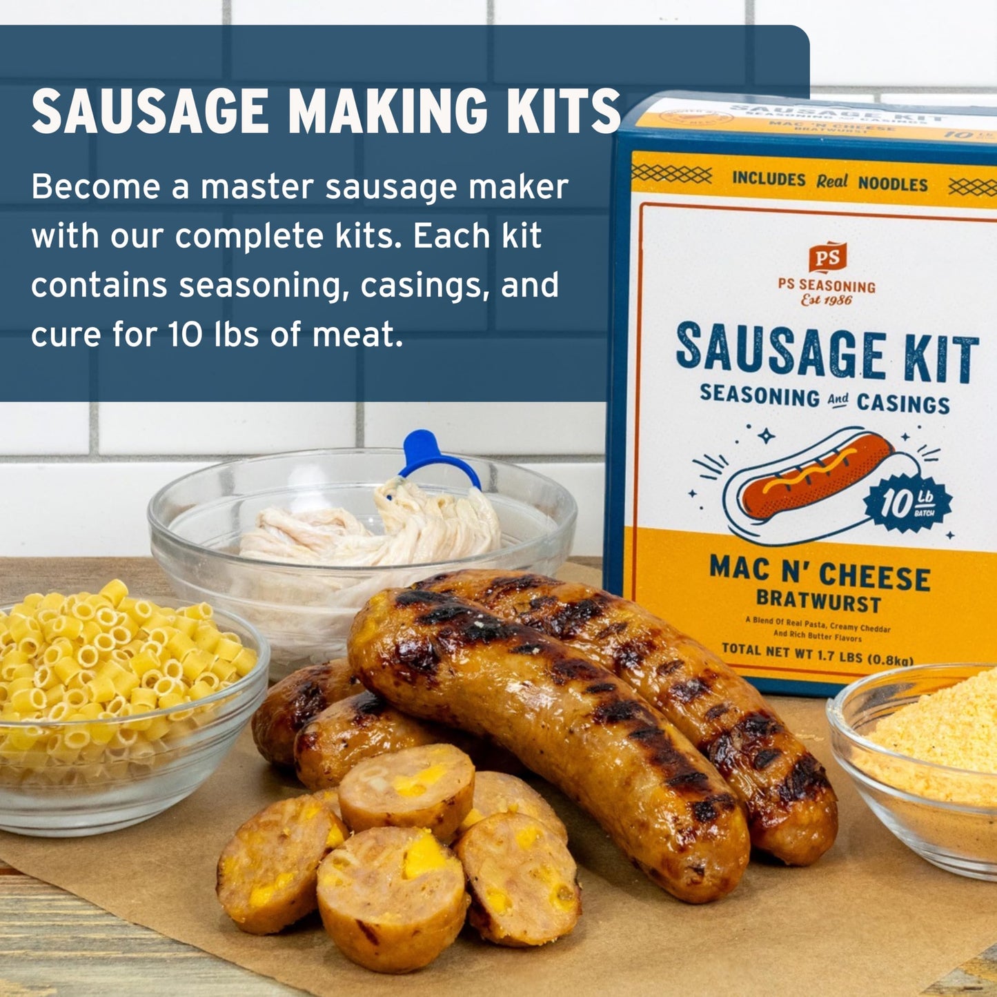 PS Seasoning Cheddar Mac N’ Cheese Bratwurst Kit - Sausage making Seasoning And Natural Hog Casings For 10 Lbs Of Meat Easy Homemade Brats For Pork
