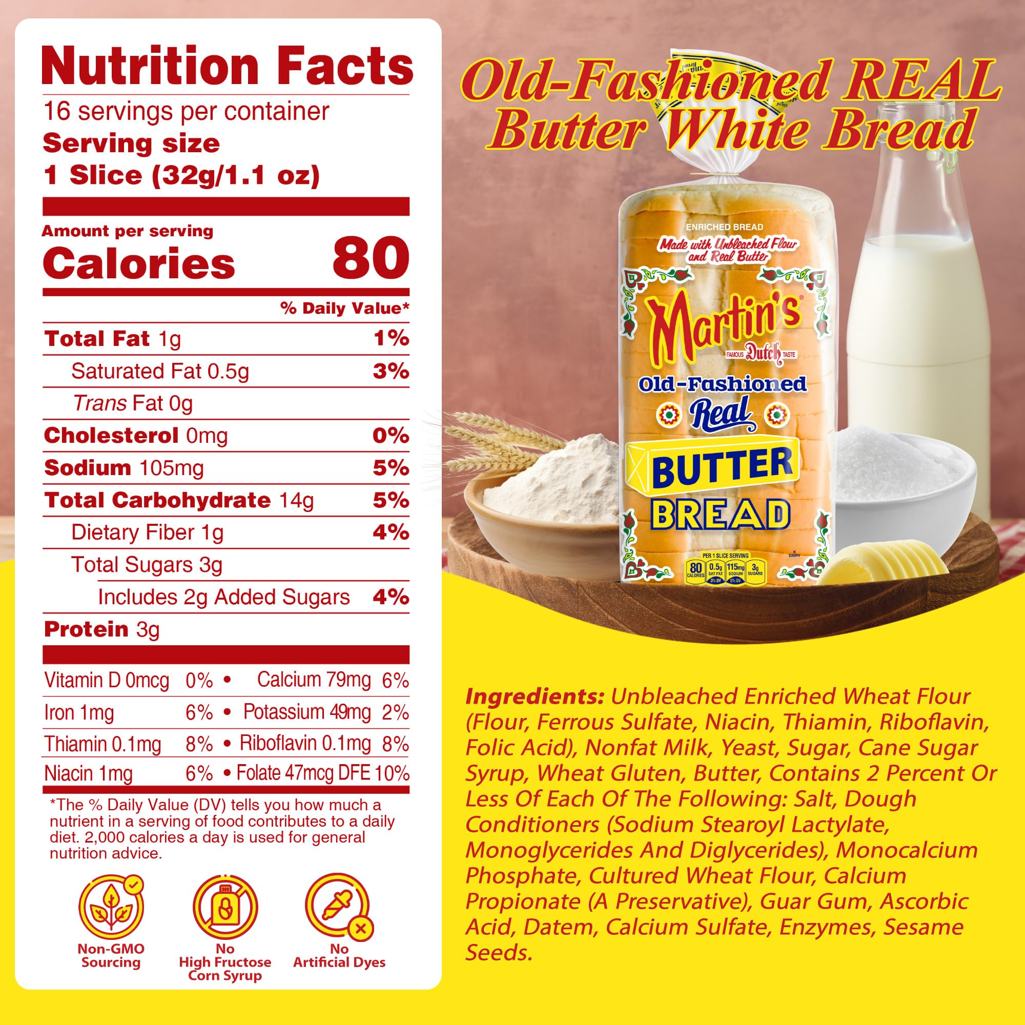 Martins Butter Bread - Sliced White Bread w/Old Fashioned Bakery Fresh Taste - Made with Real Butter, Nonfat Milk, Wheat Flour & Cane Sugar - Perfect