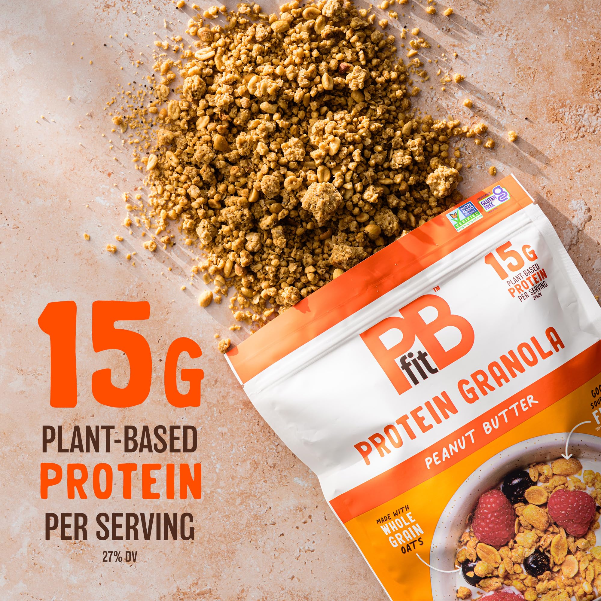 PBfit Peanut Butter Protein Granola, 15g Plant-Based Protein 22% DV, Made with Whole Grain Oats and Chia Seeds, Gluten Free, for Snacks Cereals