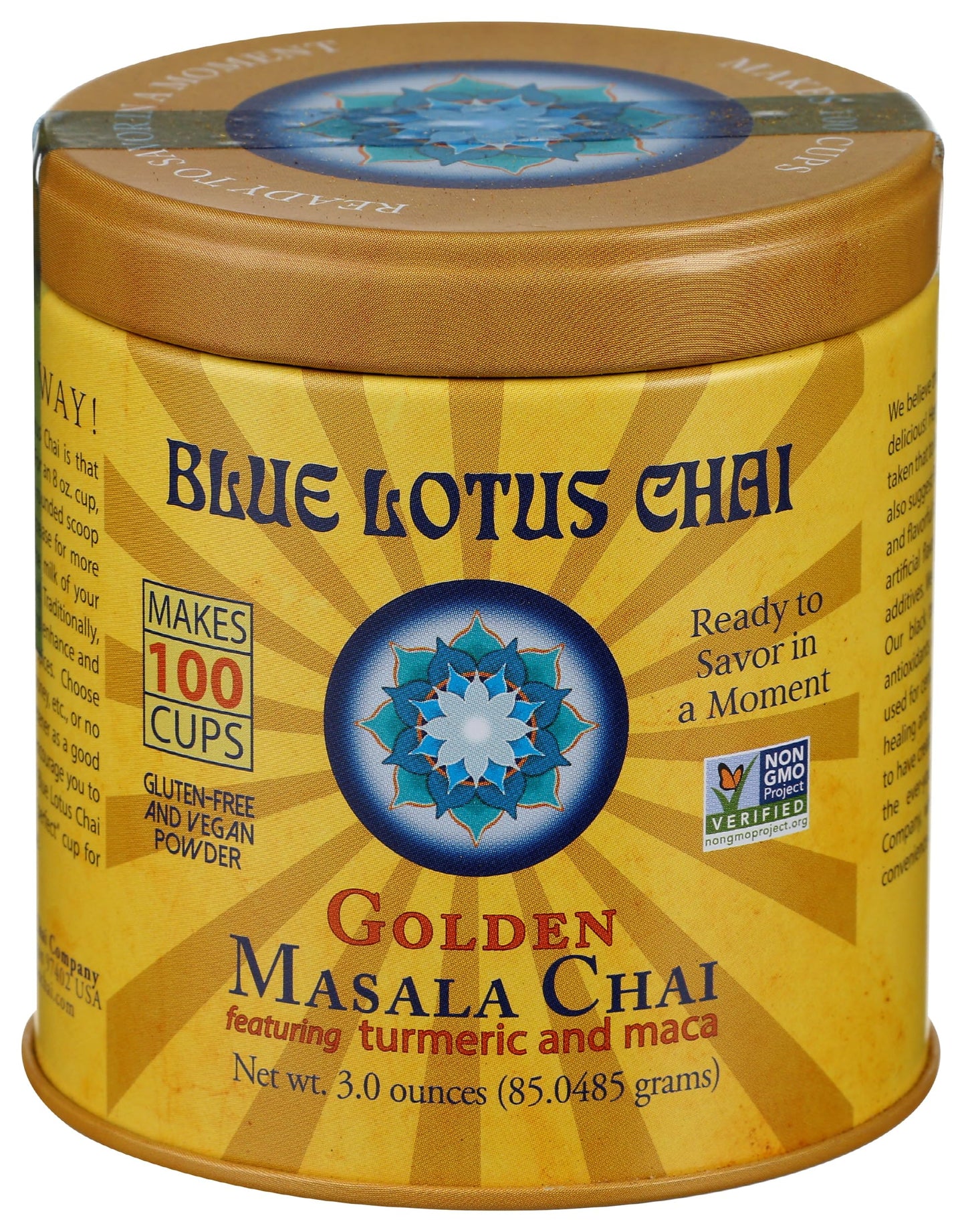 Blue Lotus Chai - Golden Masala Flavor Chai - Makes 100 Cups - 3 Ounce Masala Spiced Chai Powder with Organic Spices - Instant Indian Tea No Steeping