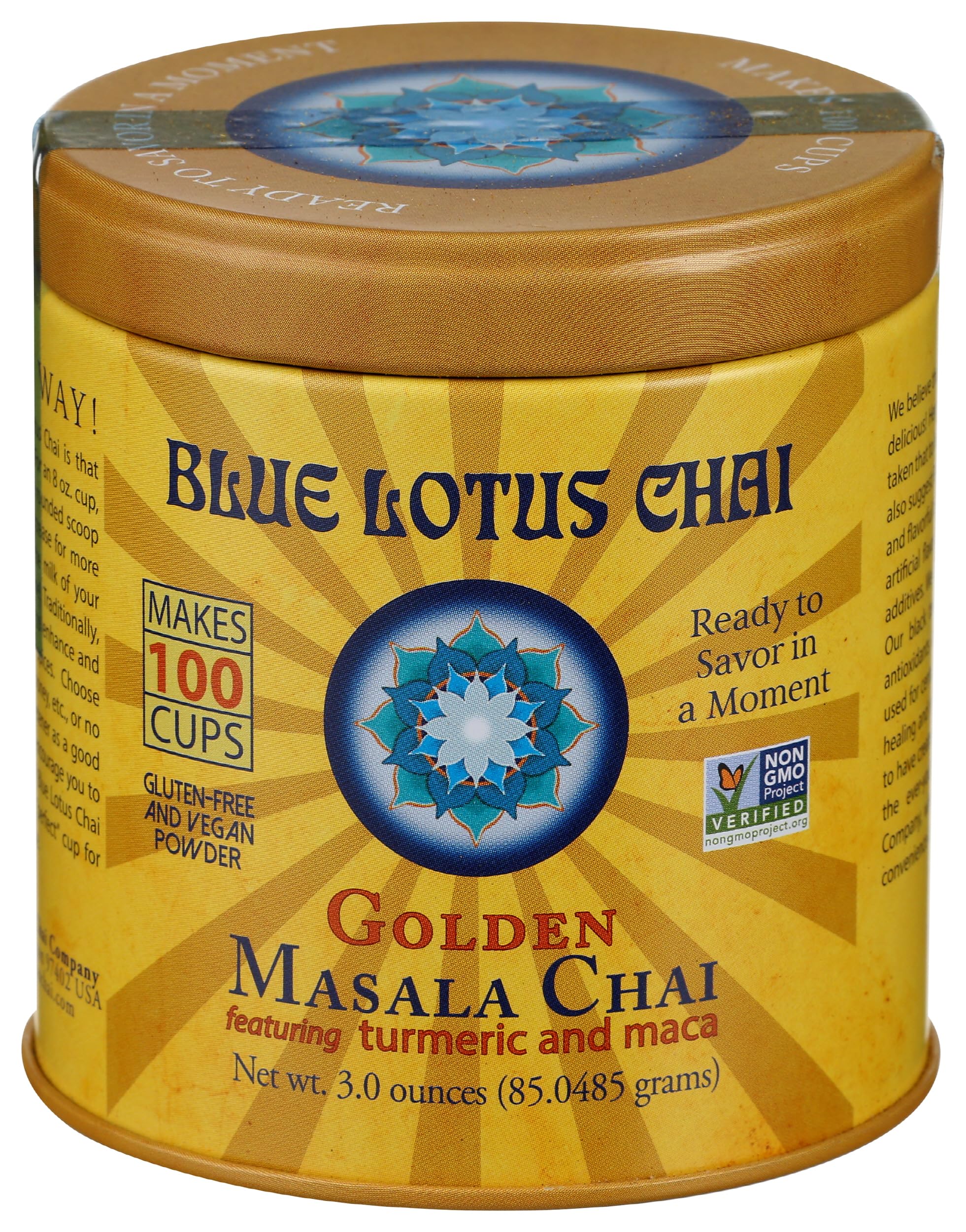 Blue Lotus Chai - Golden Masala Flavor Chai - Makes 100 Cups - 3 Ounce Masala Spiced Chai Powder with Organic Spices - Instant Indian Tea No Steeping