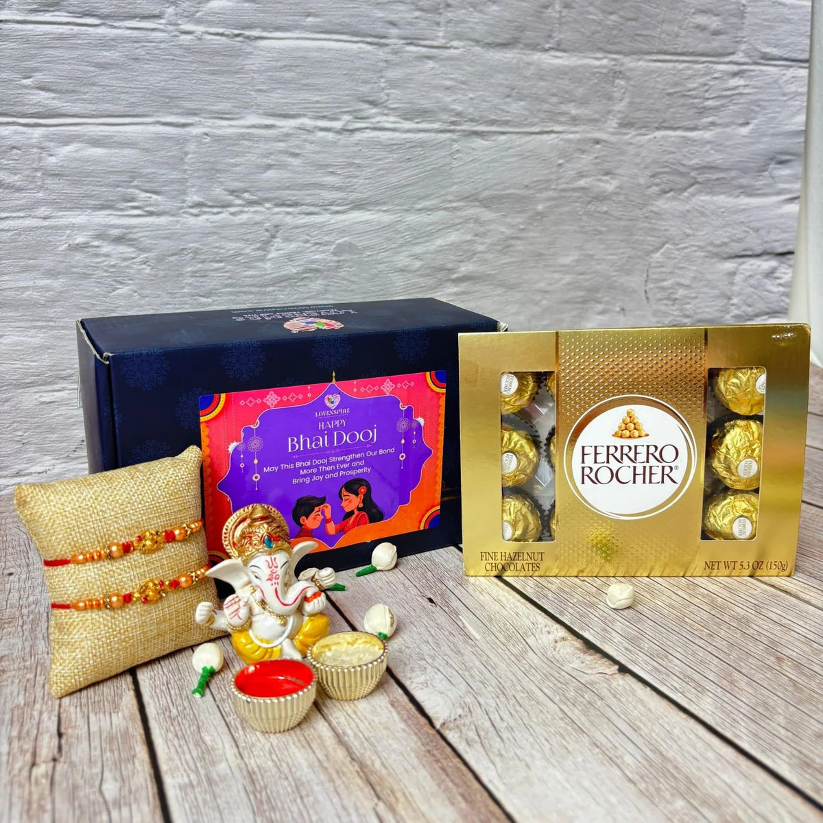 LoveNspire Raksha Bandhan Gift Hamper for Brother & Bhabhi - Includes 2 Designer Rakhi Bracelets, Ganesha Idol, Roli Chawal & Gift Box, Symbolizing