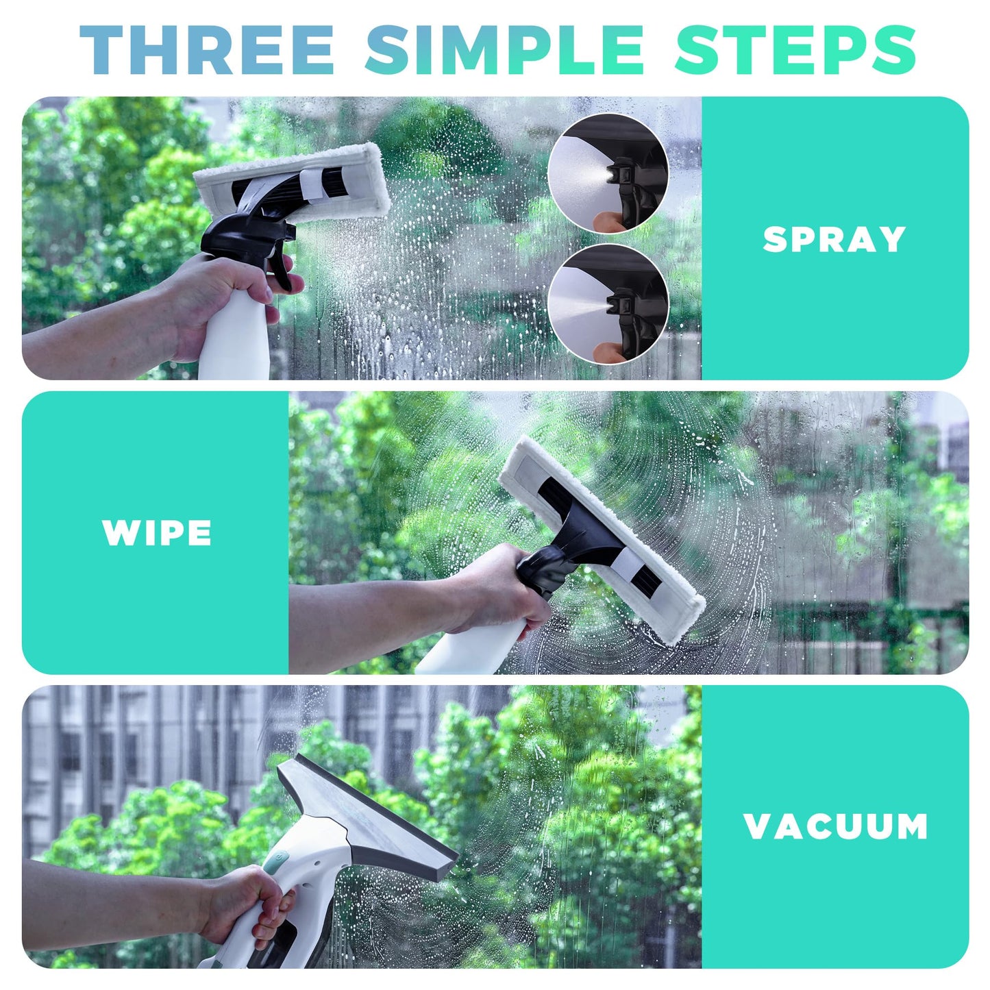 HAUSHOF Electric Window Vacuum Squeegee 11", Vacuum Squeegee Cordless Cleaner Tool Set, Window Vac with 300ml Spray Bottle & 100ml Water Tank