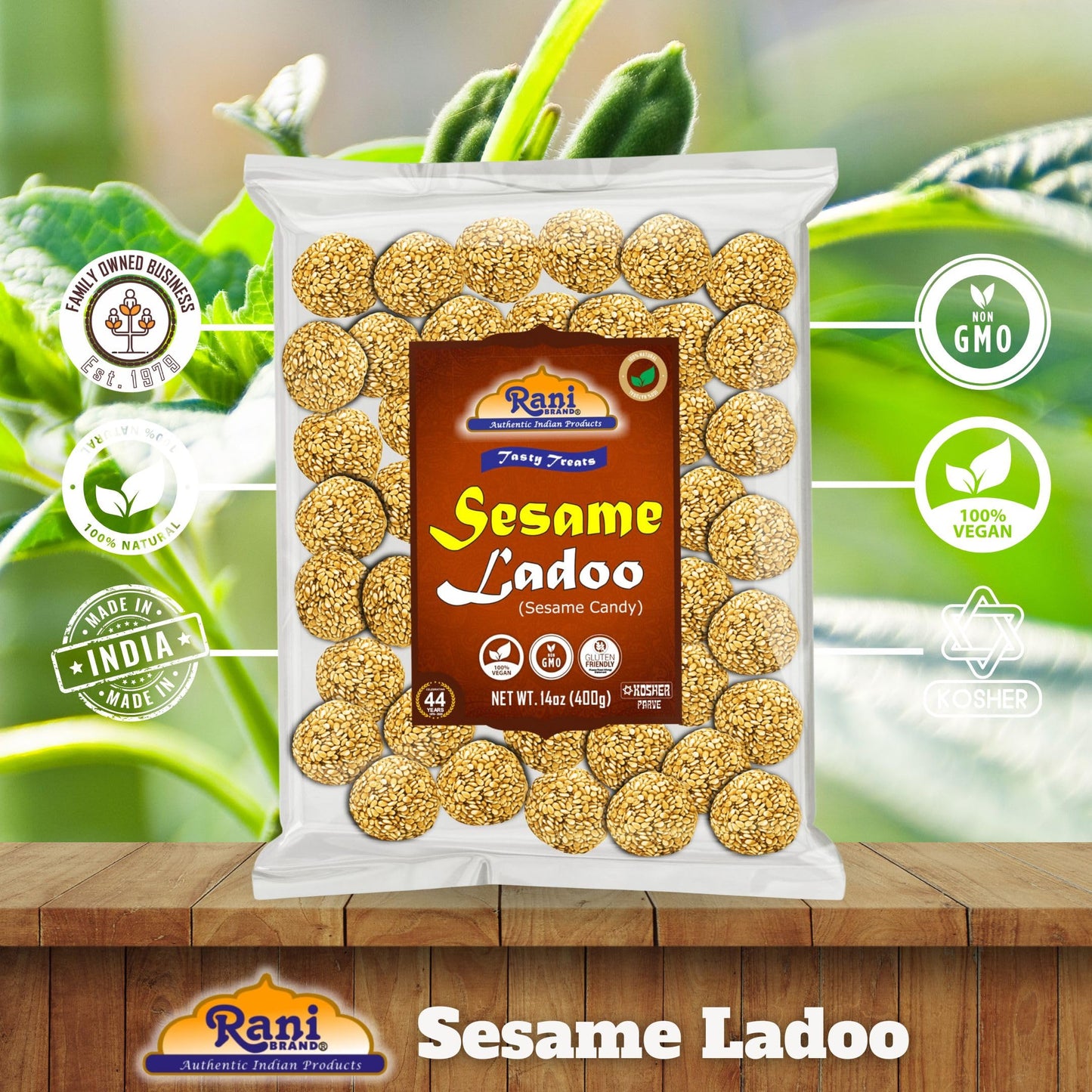 Rani Sesame Ladoo (Round Sesame Brittle Candy) 14oz (400g) ~ All Natural | Vegan | No colors | Gluten Friendly | Kosher | Indian Origin