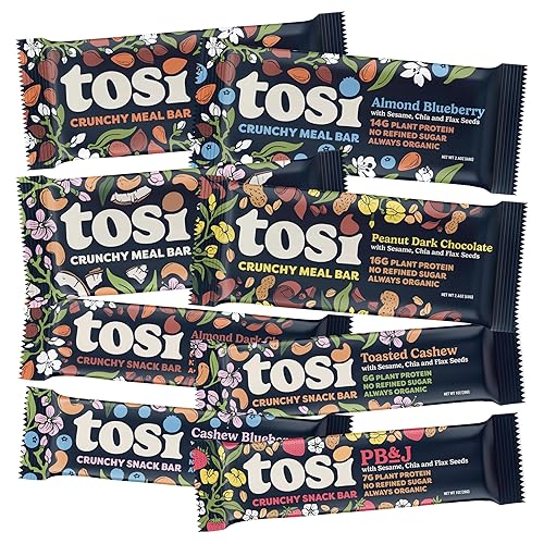 Tosi Variety Pack Protein Bars, Plant Based with Nuts, Gluten-Free Crunchy Snacks, Vegan, Organic, Flax & Chia Seeds, Soy-Free, Omega 3s, 5G-20G