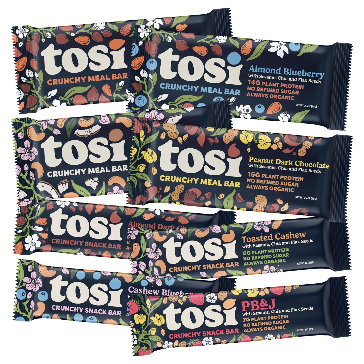 Tosi Variety Pack Protein Bars, Plant Based with Nuts, Gluten-Free Crunchy Snacks, Vegan, Organic, Flax & Chia Seeds, Soy-Free, Omega 3s, 5G-20G