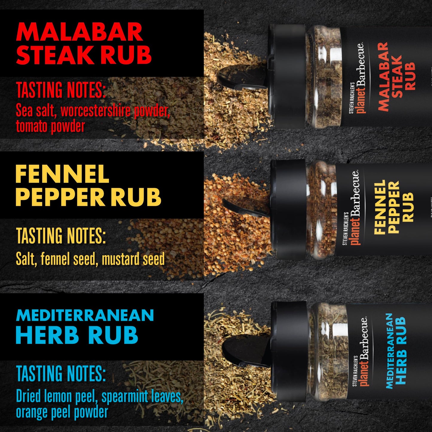 Steven Raichlen's Planet Barbecue Gourmet BBQ Rubs & Spices Gift Box 3 Pack- Grill Seasonings Set with International Flavors- Summer Cookout Essential