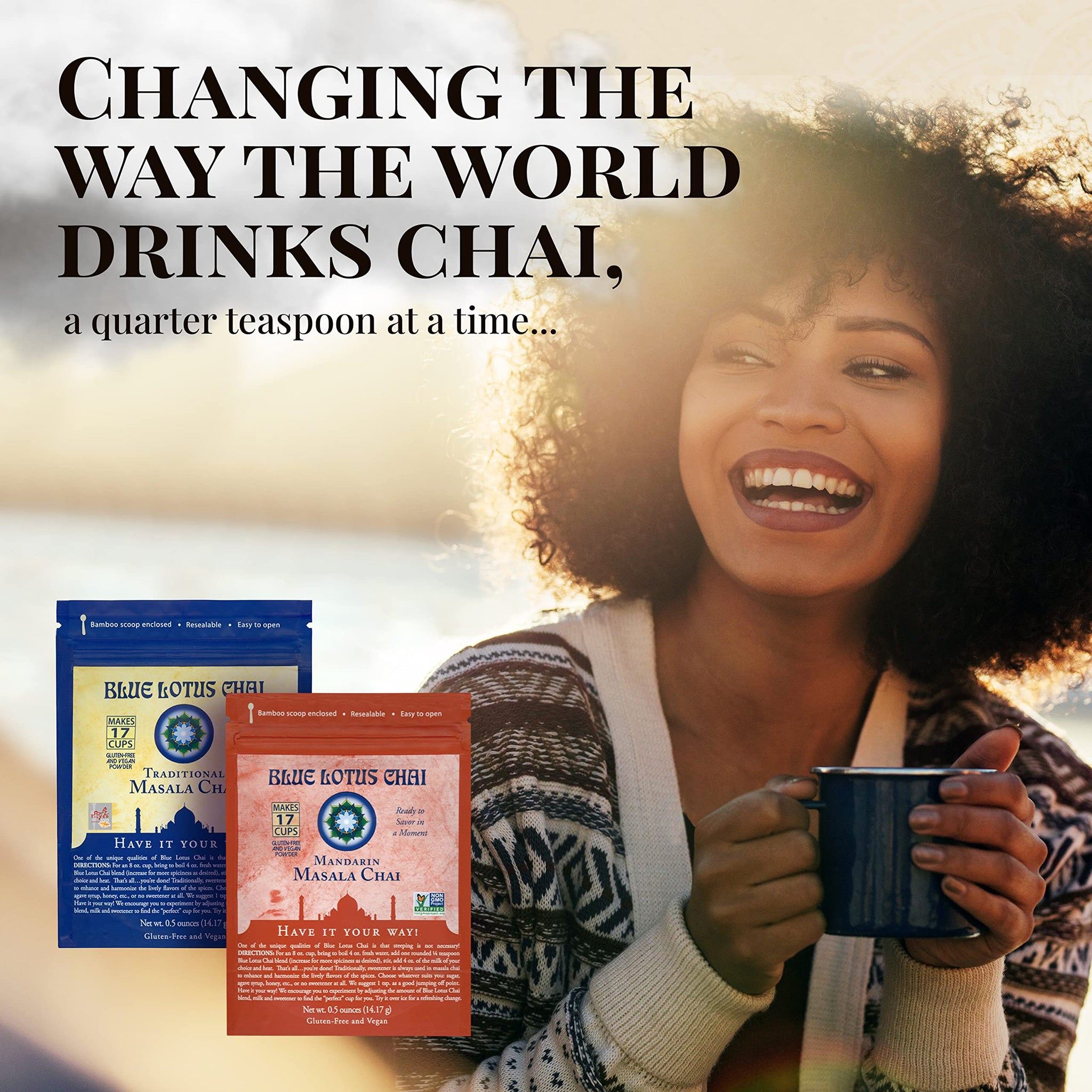 Blue Lotus Chai - Golden Masala Flavor Chai - Makes 17 Cups - 0.5 Ounce Masala Spiced Chai Powder with Organic Spices - Instant Indian Tea No Steeping