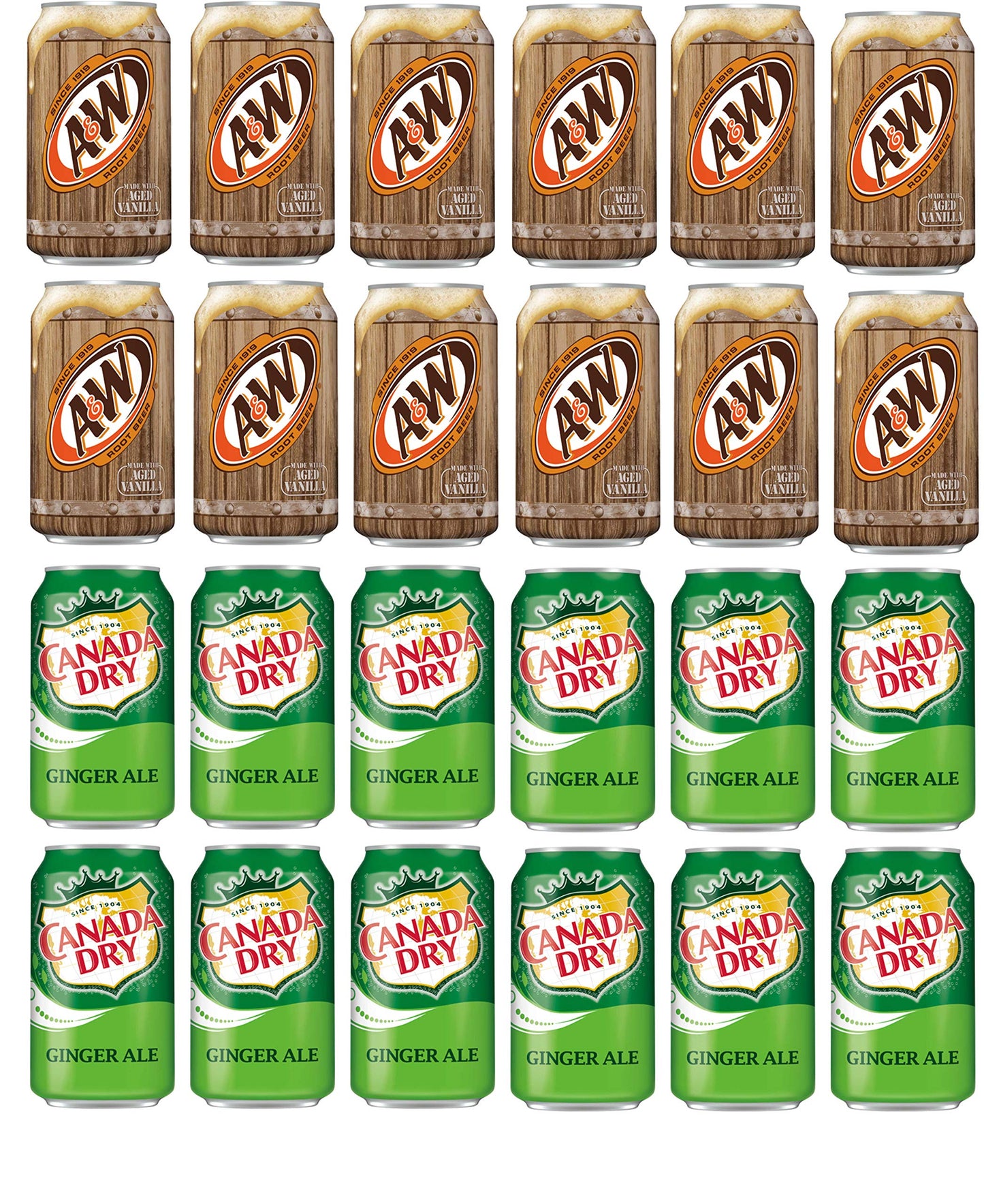 LUV-BOX Variety Soda pack , pack of 24 , 12 fl oz , A&W ROOT BEER , CANADA DRY GINGER ALE