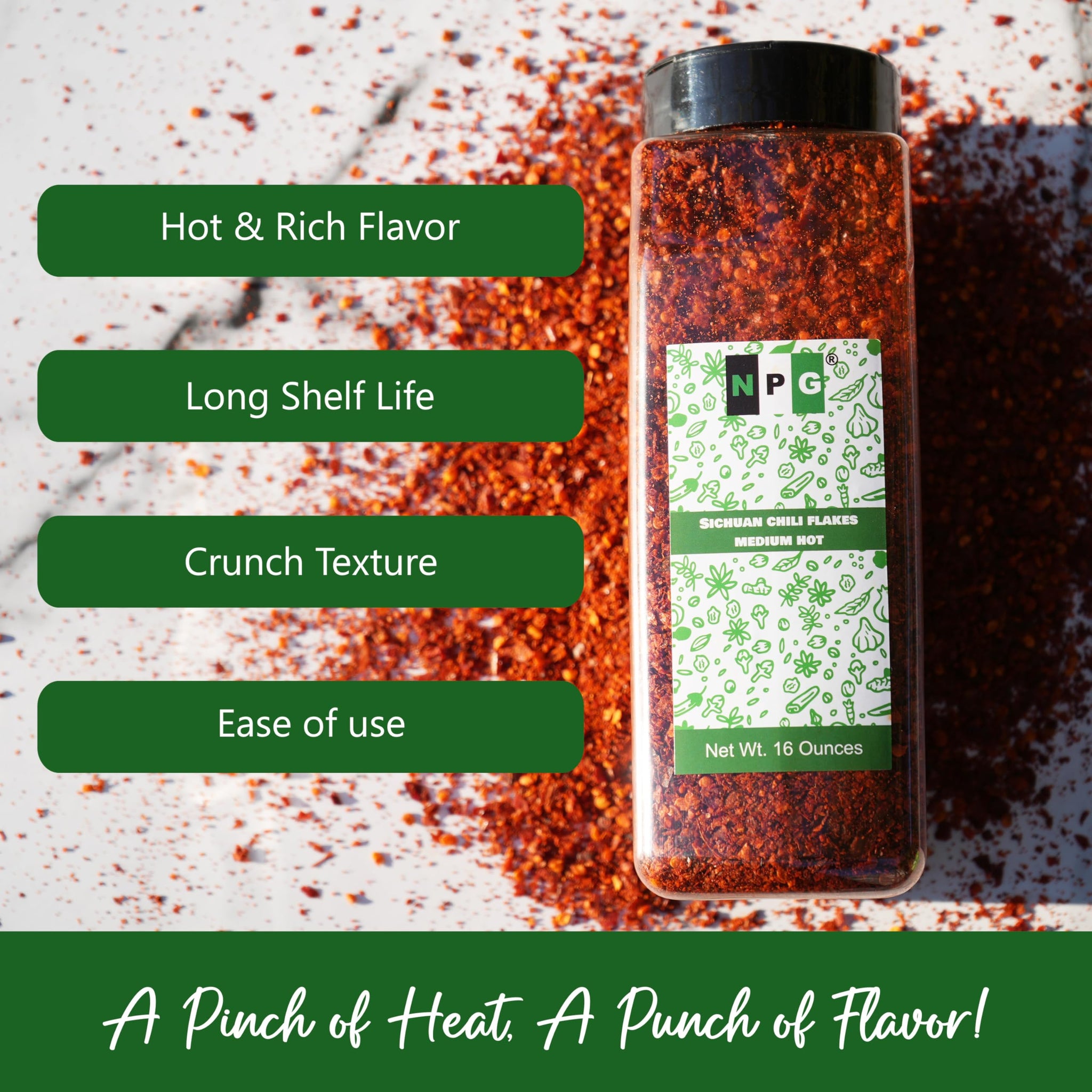 NPG Authentic Sichuan Chili Flakes 1LB 16 Ounces, Medium Hot, Szechuan Crushed Red Pepper Flakes Powder Bulk, Spice Seasoning for Making Kimchi, Chili